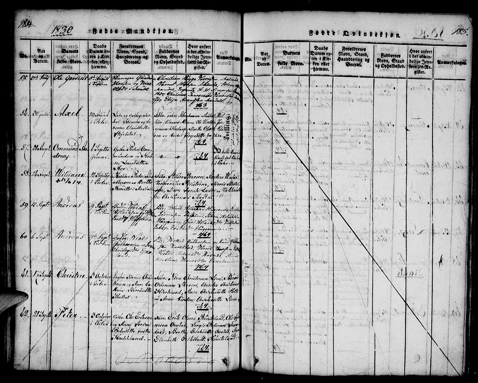 Mandal sokneprestkontor, SAK/1111-0030/F/Fa/Faa/L0010: Parish register (official) no. A 10, 1817-1830, p. 184-185