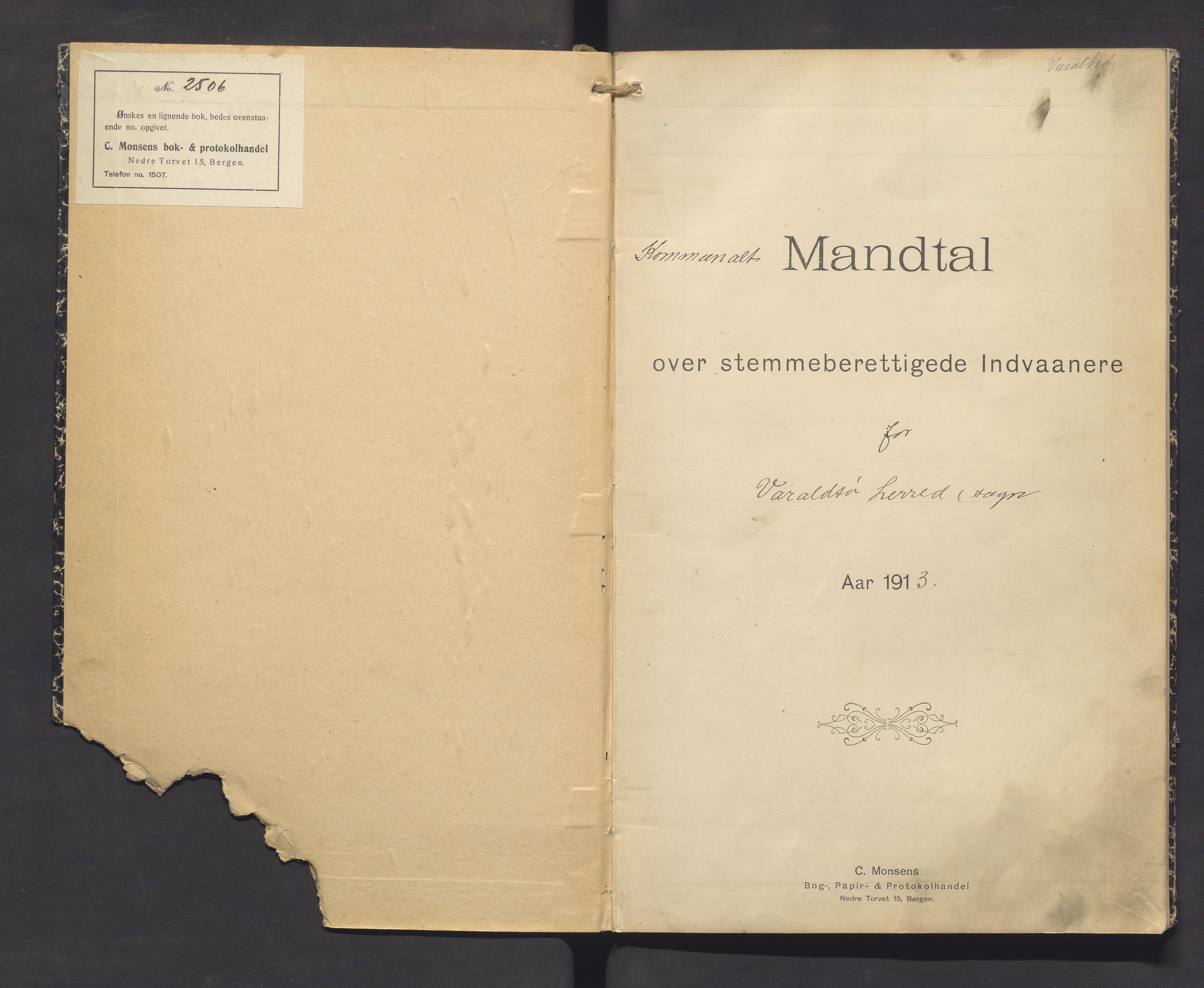 Varaldsøy kommune. Valstyret, IKAH/1225-011/F/Fa/L0001: Manntalsprotokoll over røysteføre i Varaldsøy herad , 1913