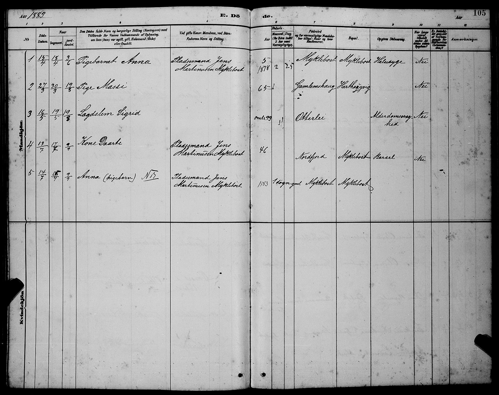 Ministerialprotokoller, klokkerbøker og fødselsregistre - Møre og Romsdal, SAT/A-1454/538/L0523: Parish register (copy) no. 538C01, 1881-1900, p. 105