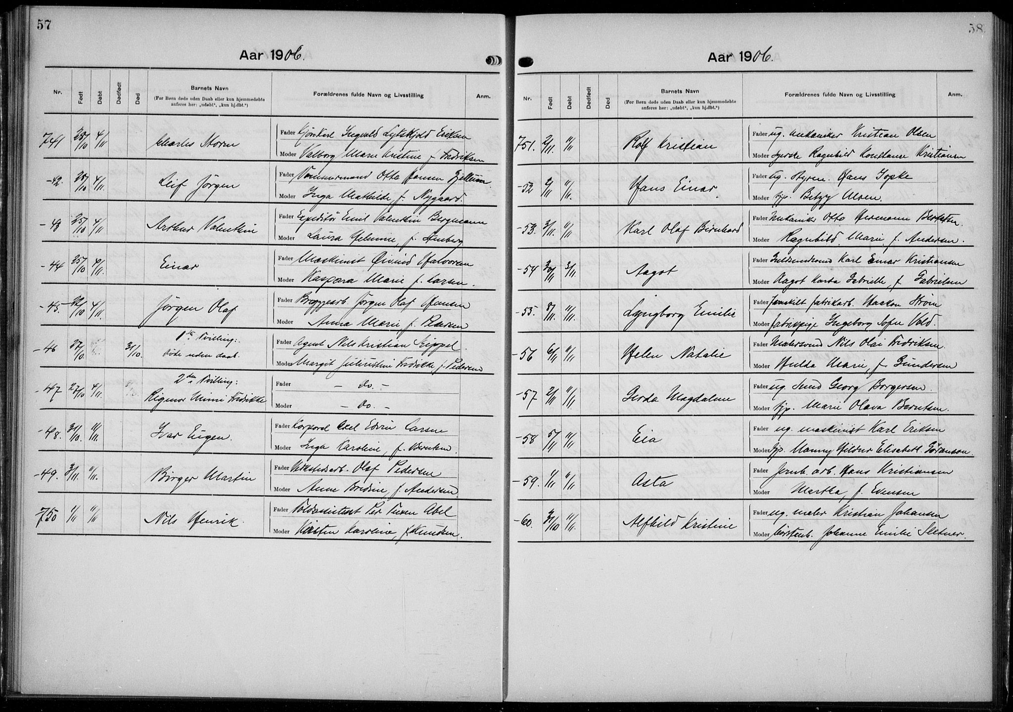 Rikshospitalet prestekontor Kirkebøker, AV/SAO-A-10309b/K/L0006/0002: Baptism register no. 6.2, 1906-1908, p. 57-58