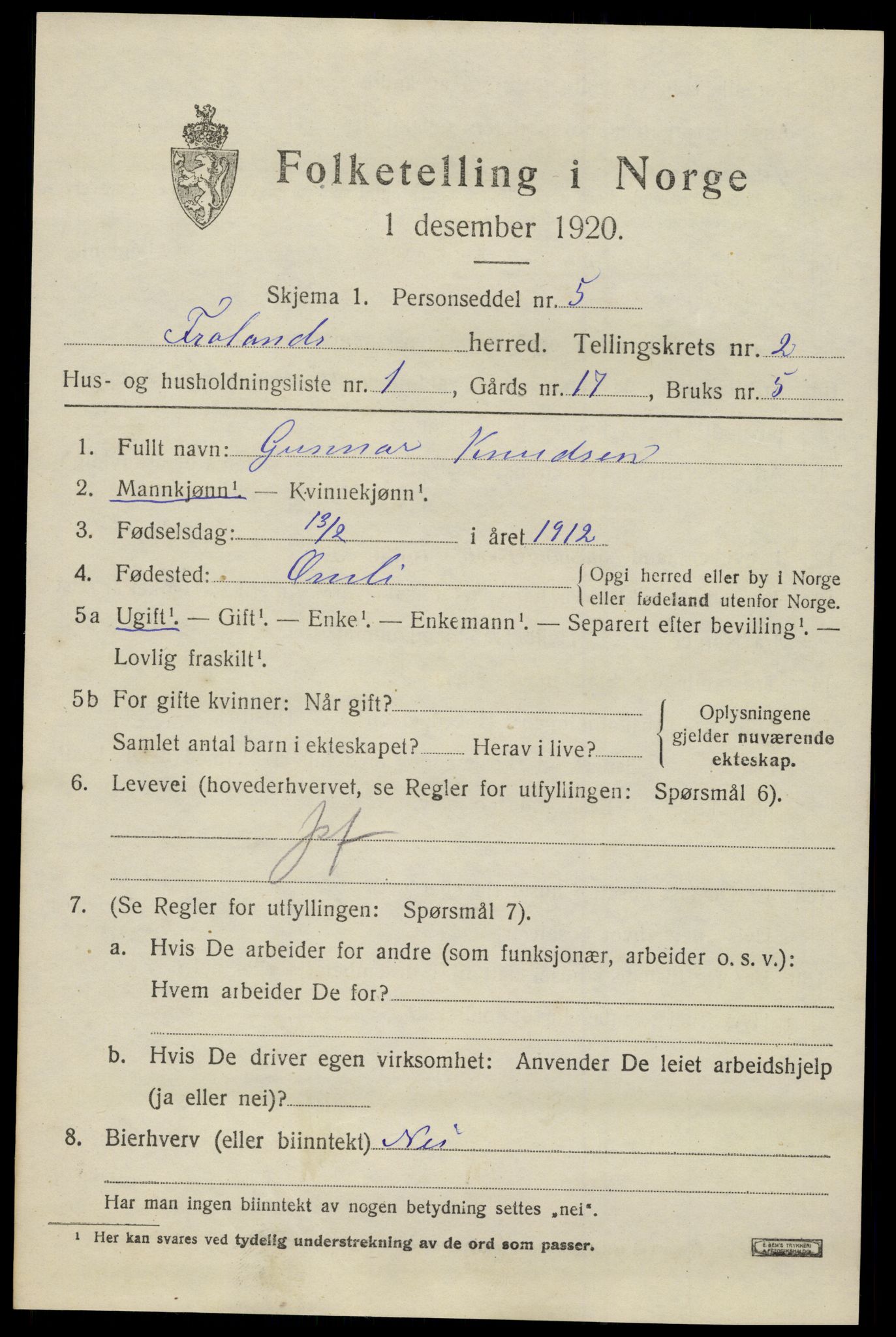 SAK, 1920 census for Froland, 1920, p. 1877