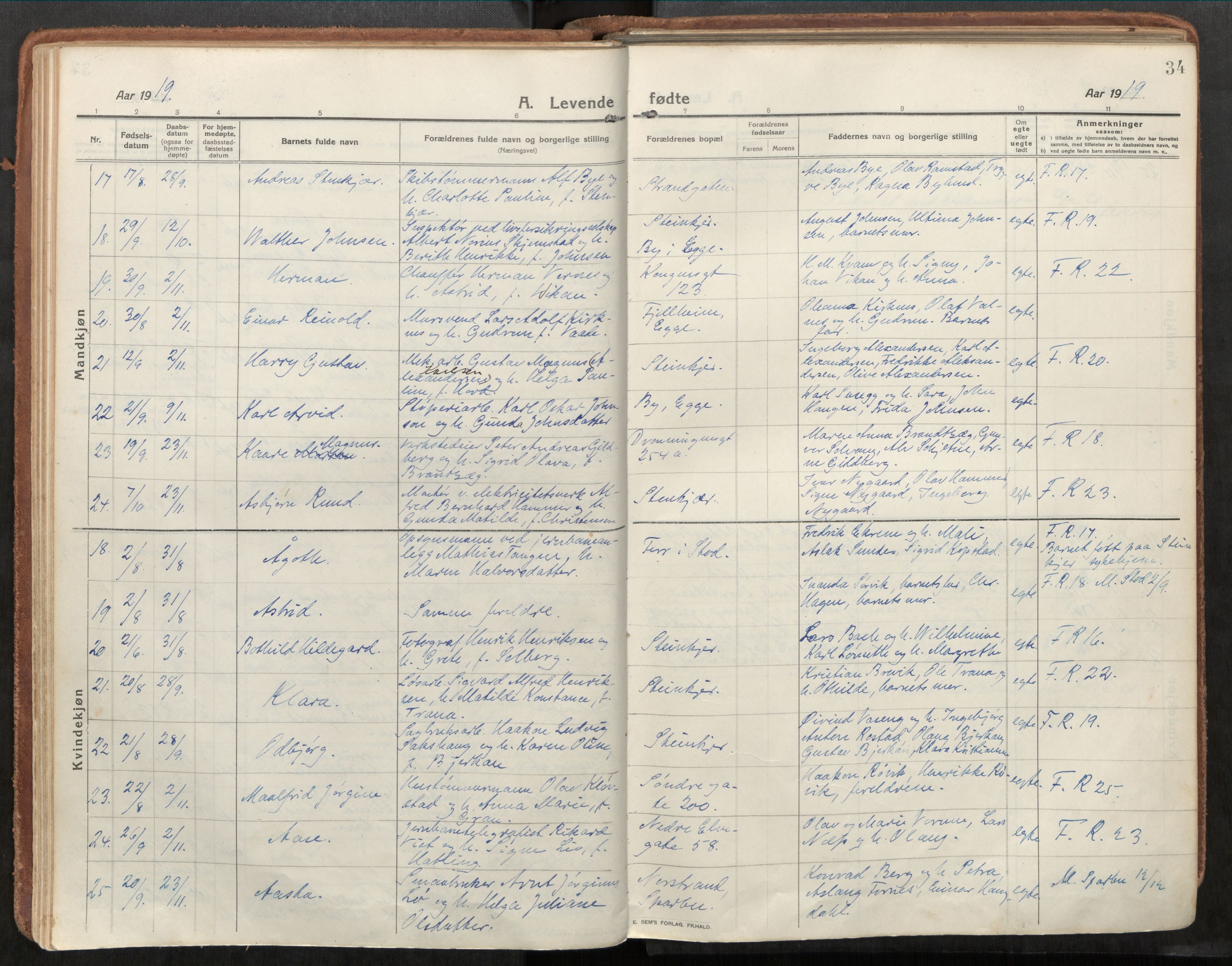 Steinkjer sokneprestkontor, AV/SAT-A-1541/01/H/Ha/Haa/L0003: Parish register (official) no. 3, 1913-1922, p. 34