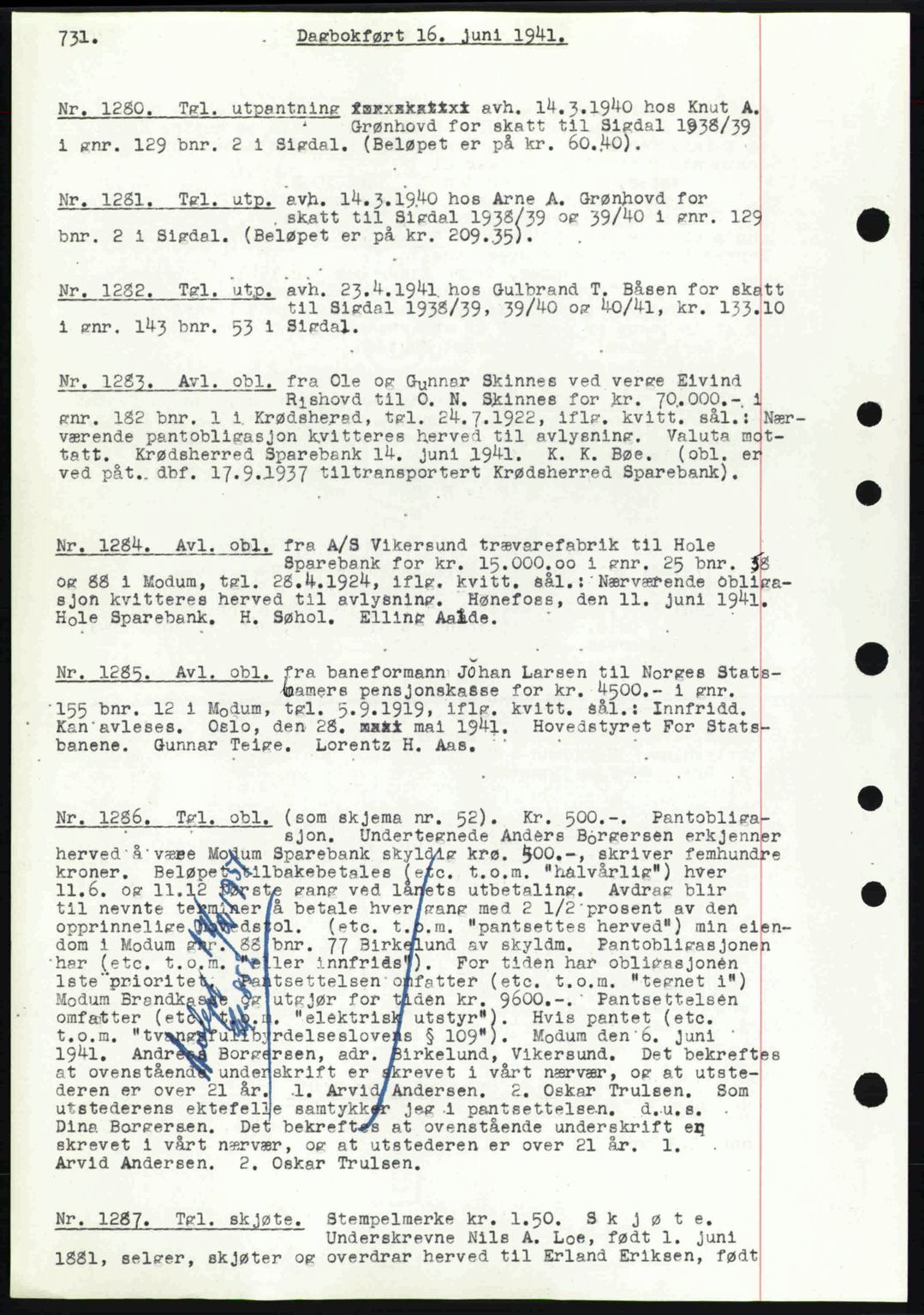 Eiker, Modum og Sigdal sorenskriveri, SAKO/A-123/G/Ga/Gab/L0043: Mortgage book no. A13, 1940-1941, Diary no: : 1280/1941