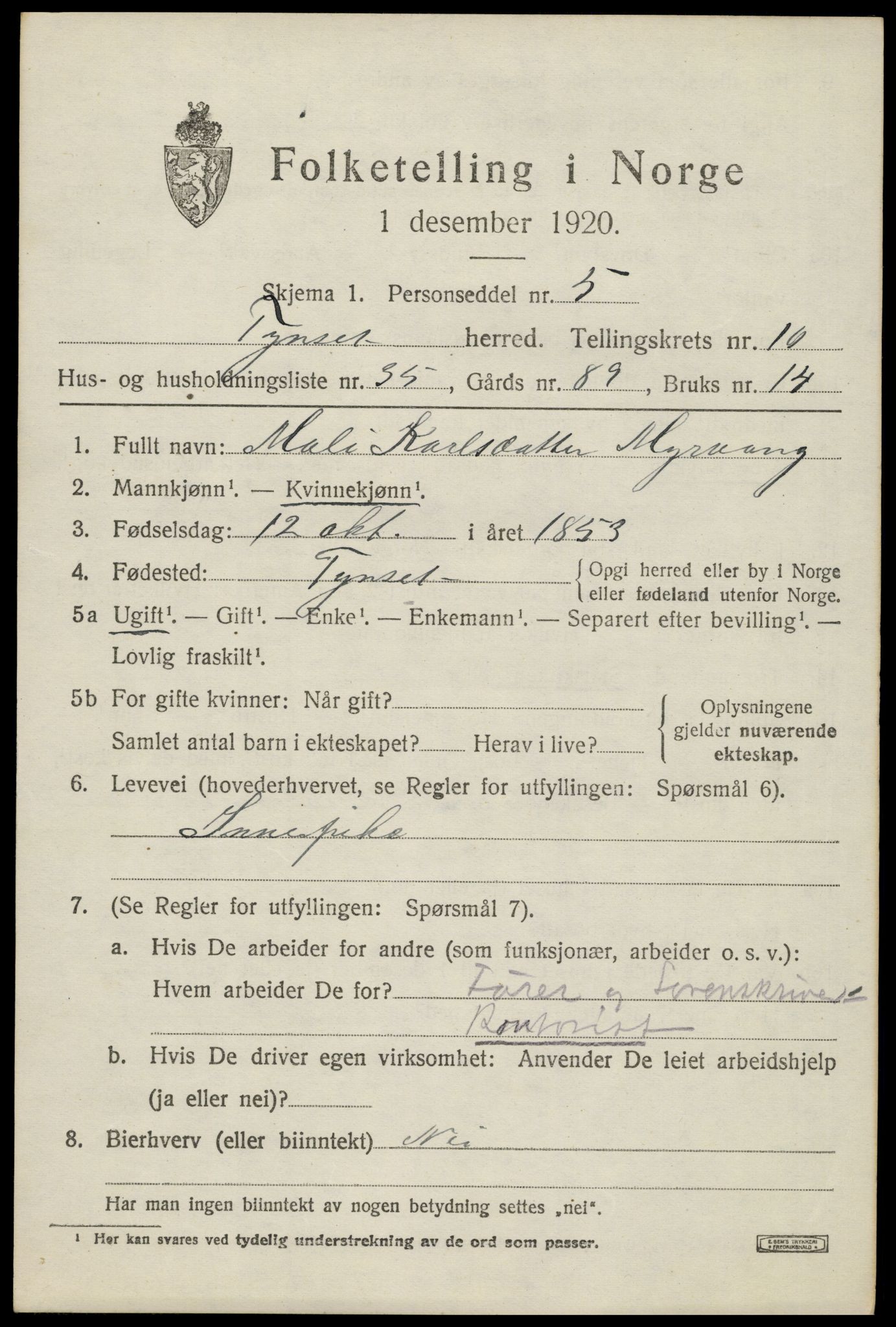 SAH, 1920 census for Tynset, 1920, p. 7984