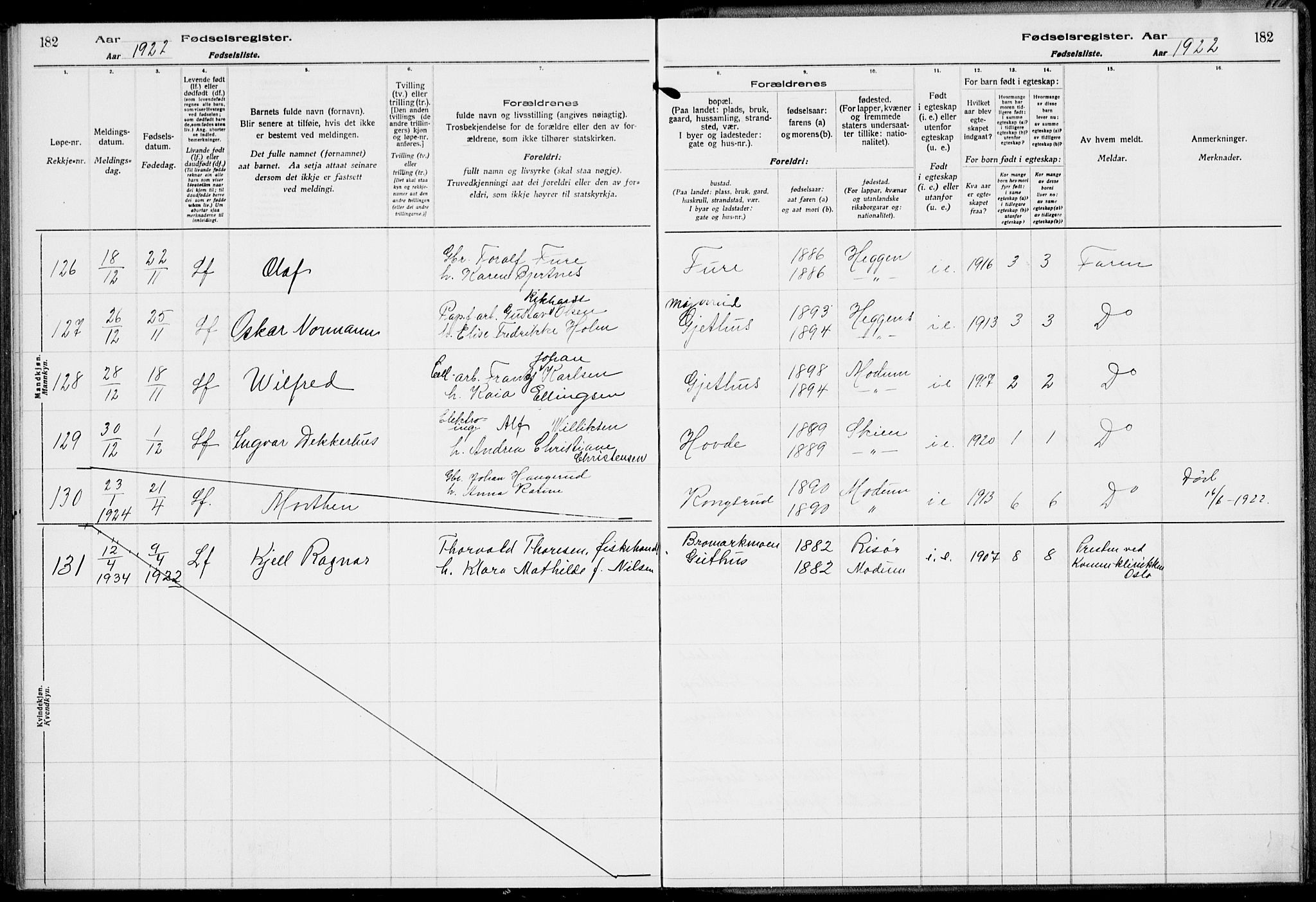 Modum kirkebøker, AV/SAKO-A-234/J/Ja/L0001: Birth register no. I 1, 1916-1923, p. 182