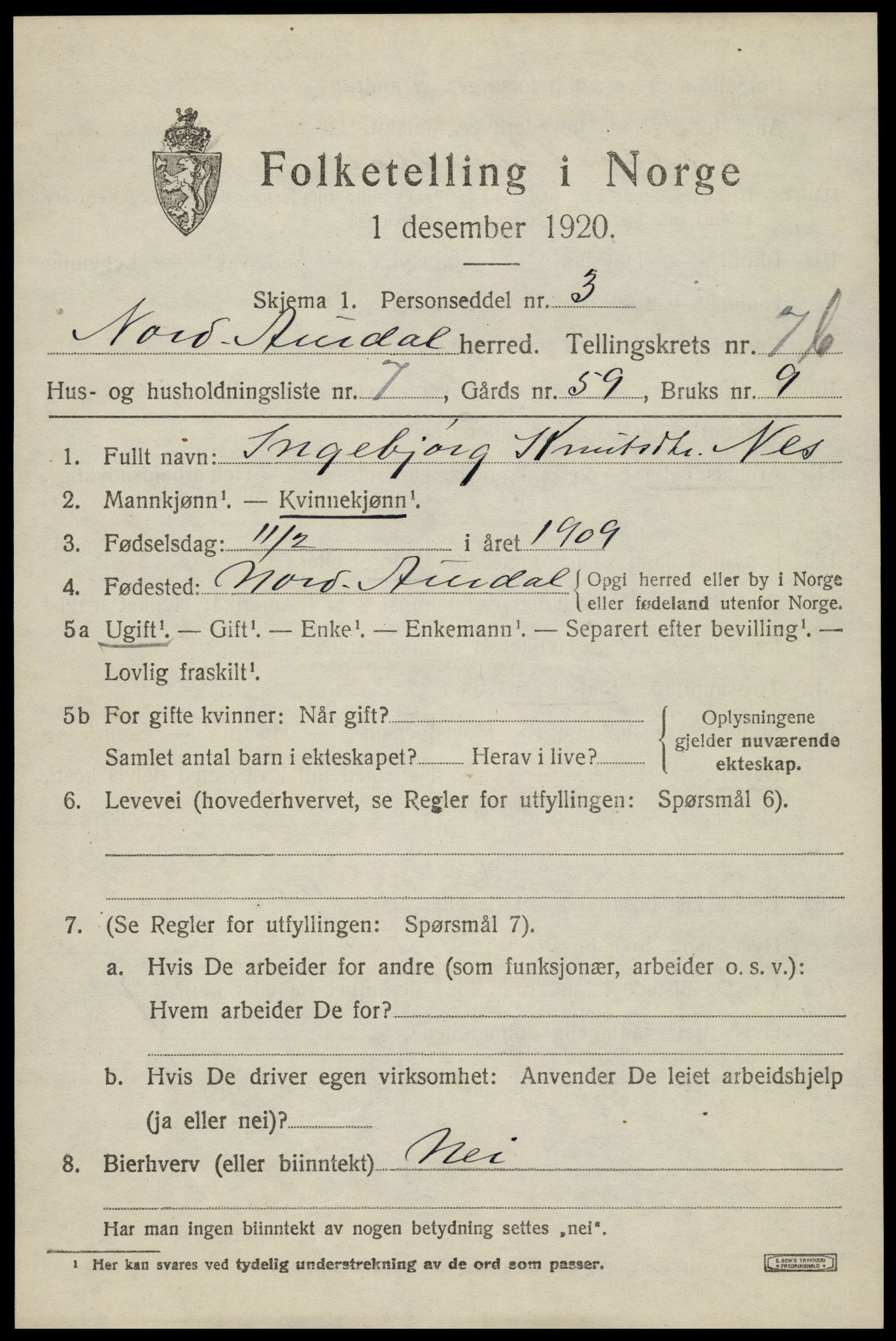 SAH, 1920 census for Nord-Aurdal, 1920, p. 6732