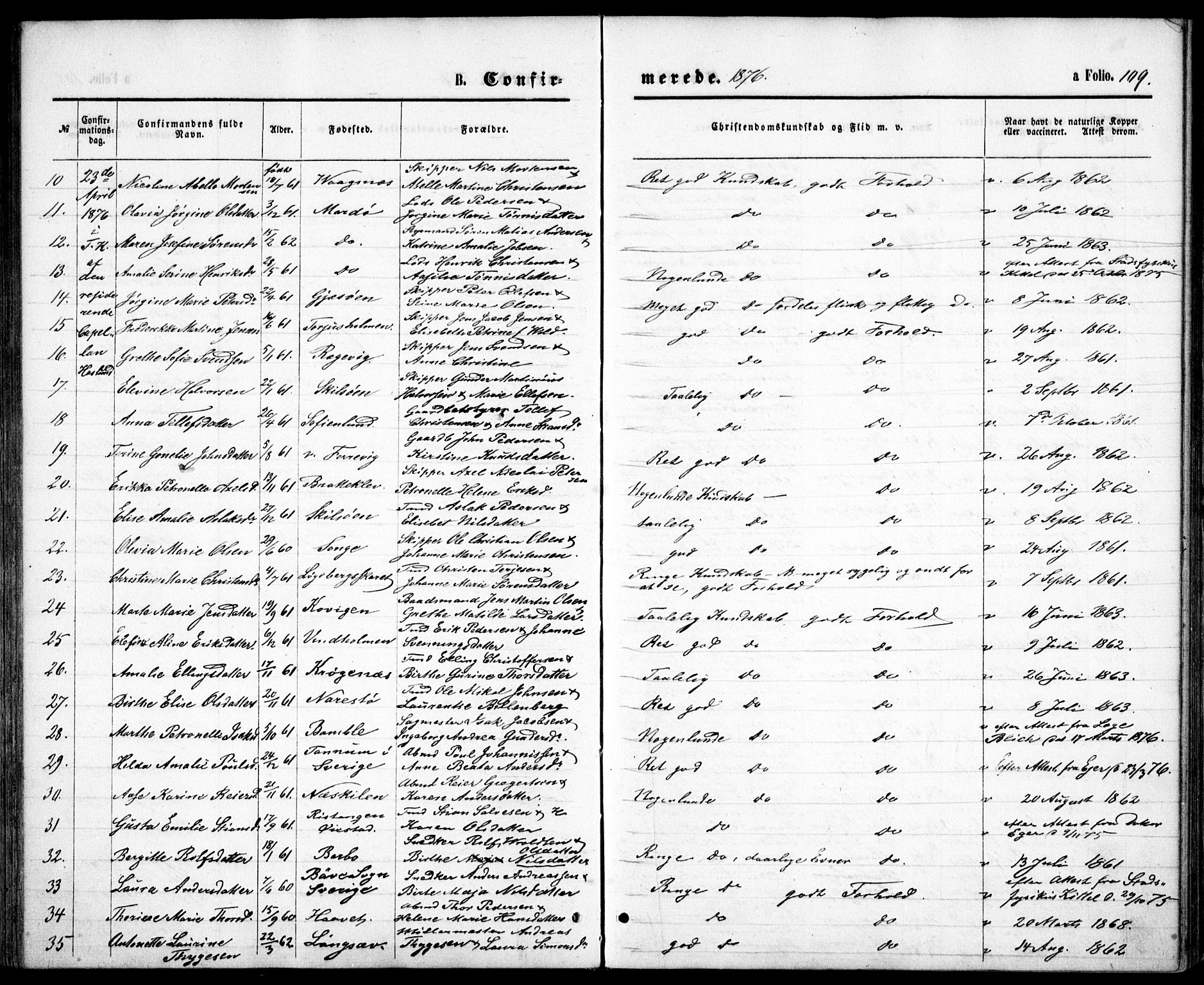 Tromøy sokneprestkontor, SAK/1111-0041/F/Fb/L0004: Parish register (copy) no. B 4, 1869-1877, p. 109