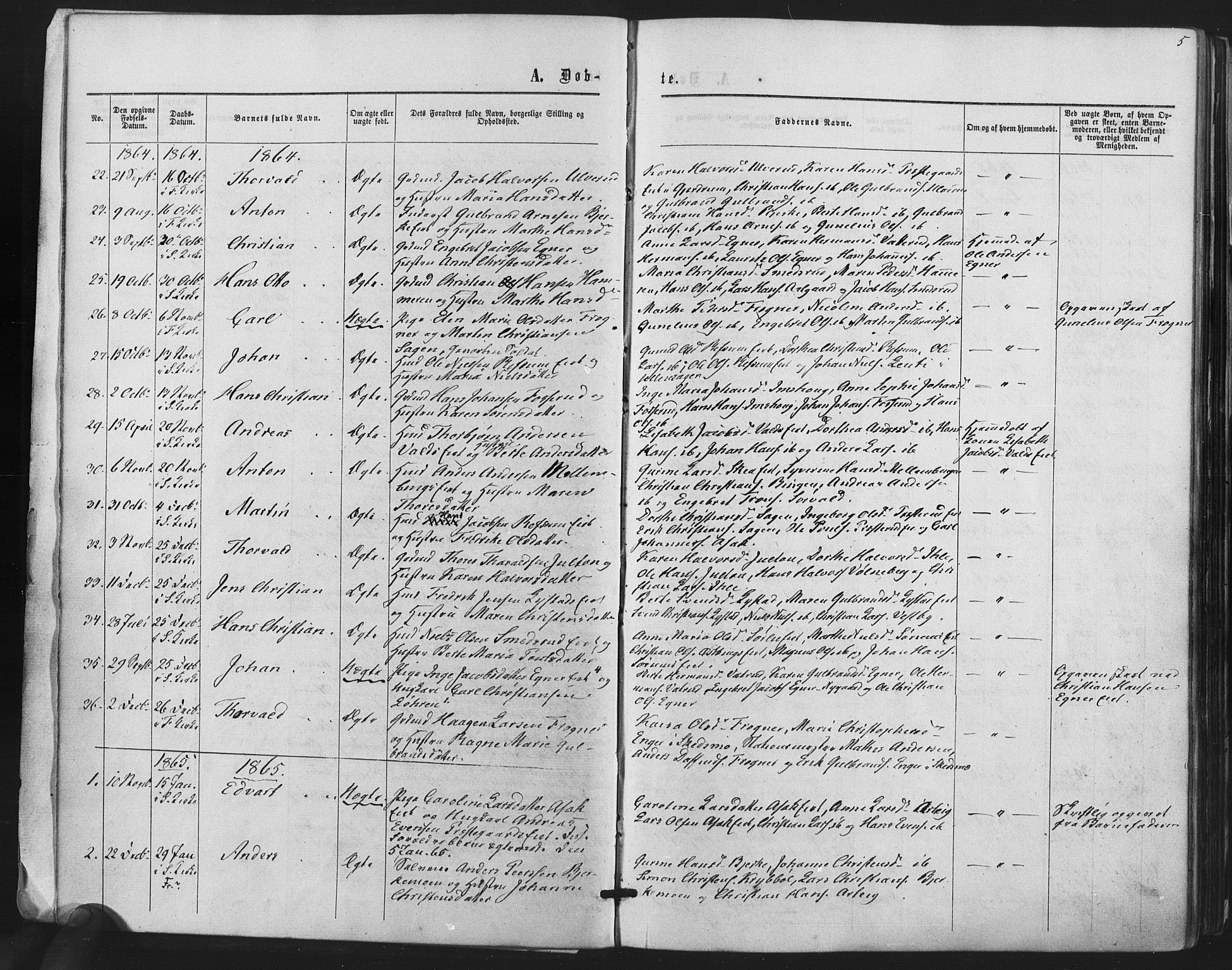 Sørum prestekontor Kirkebøker, SAO/A-10303/F/Fa/L0006: Parish register (official) no. I 6, 1864-1877, p. 5