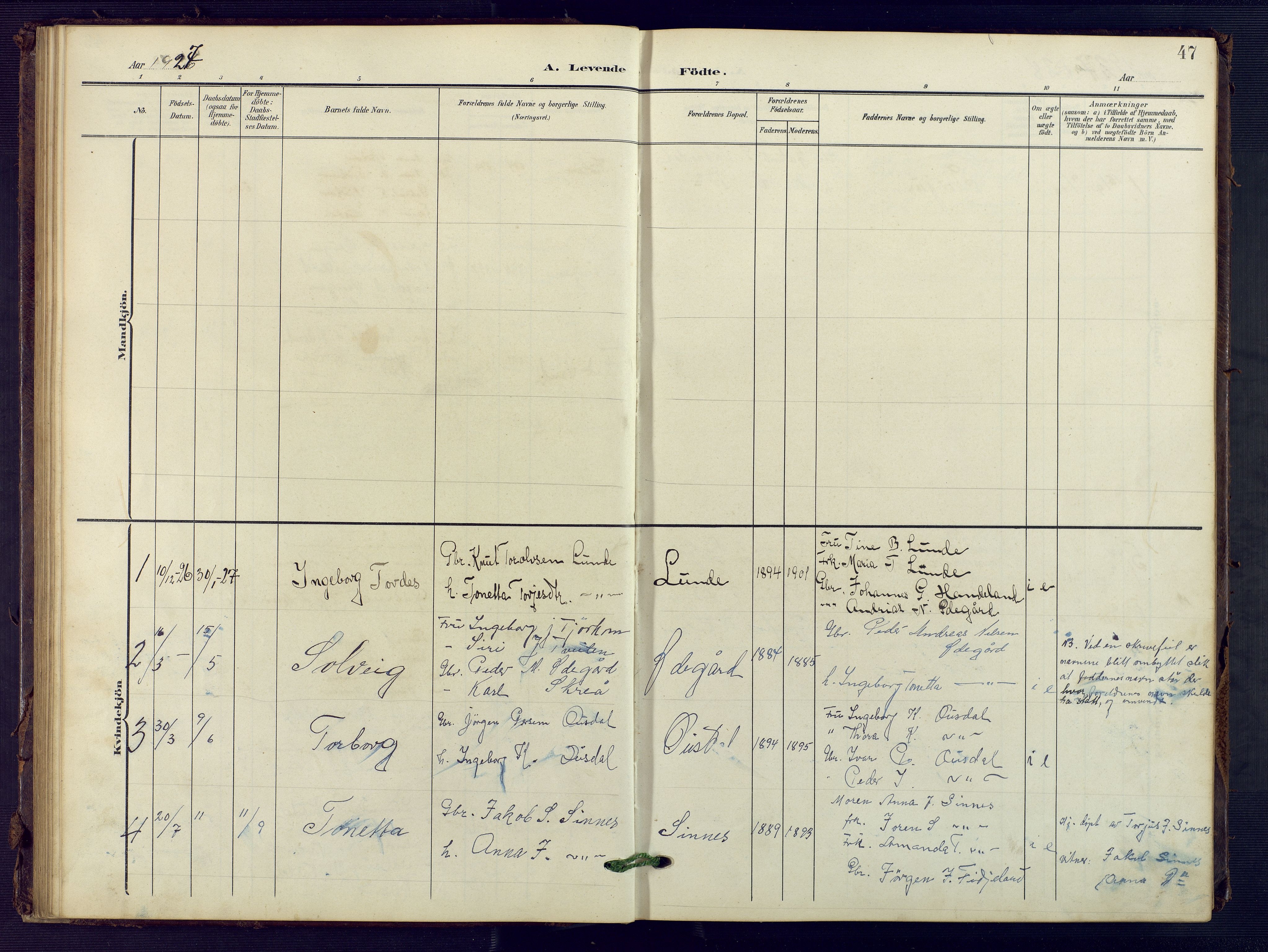 Sirdal sokneprestkontor, SAK/1111-0036/F/Fb/Fba/L0002: Parish register (copy) no. B 2, 1905-1958, p. 47
