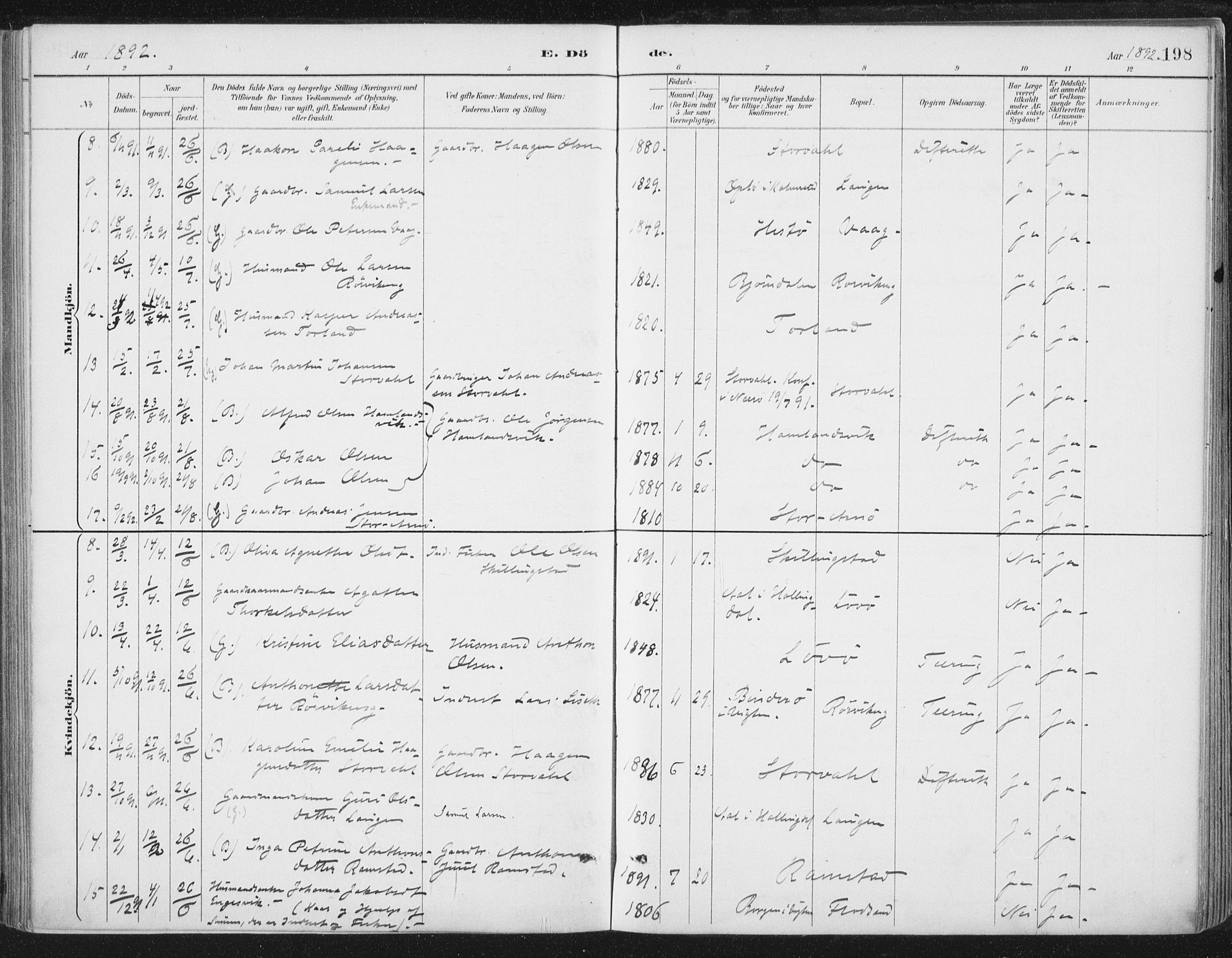 Ministerialprotokoller, klokkerbøker og fødselsregistre - Nord-Trøndelag, AV/SAT-A-1458/784/L0673: Parish register (official) no. 784A08, 1888-1899, p. 198