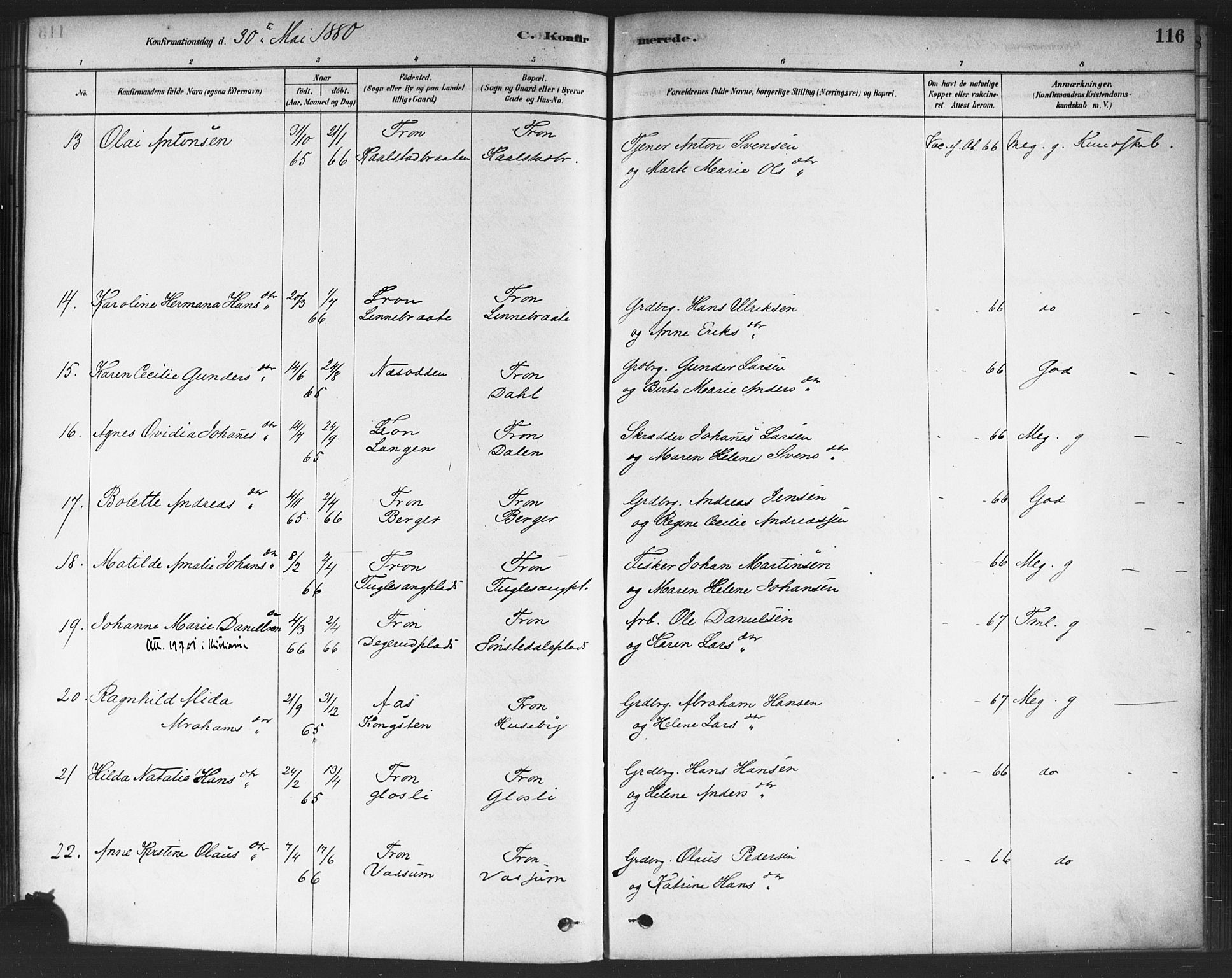 Drøbak prestekontor Kirkebøker, SAO/A-10142a/F/Fc/L0002: Parish register (official) no. III 2, 1878-1891, p. 116