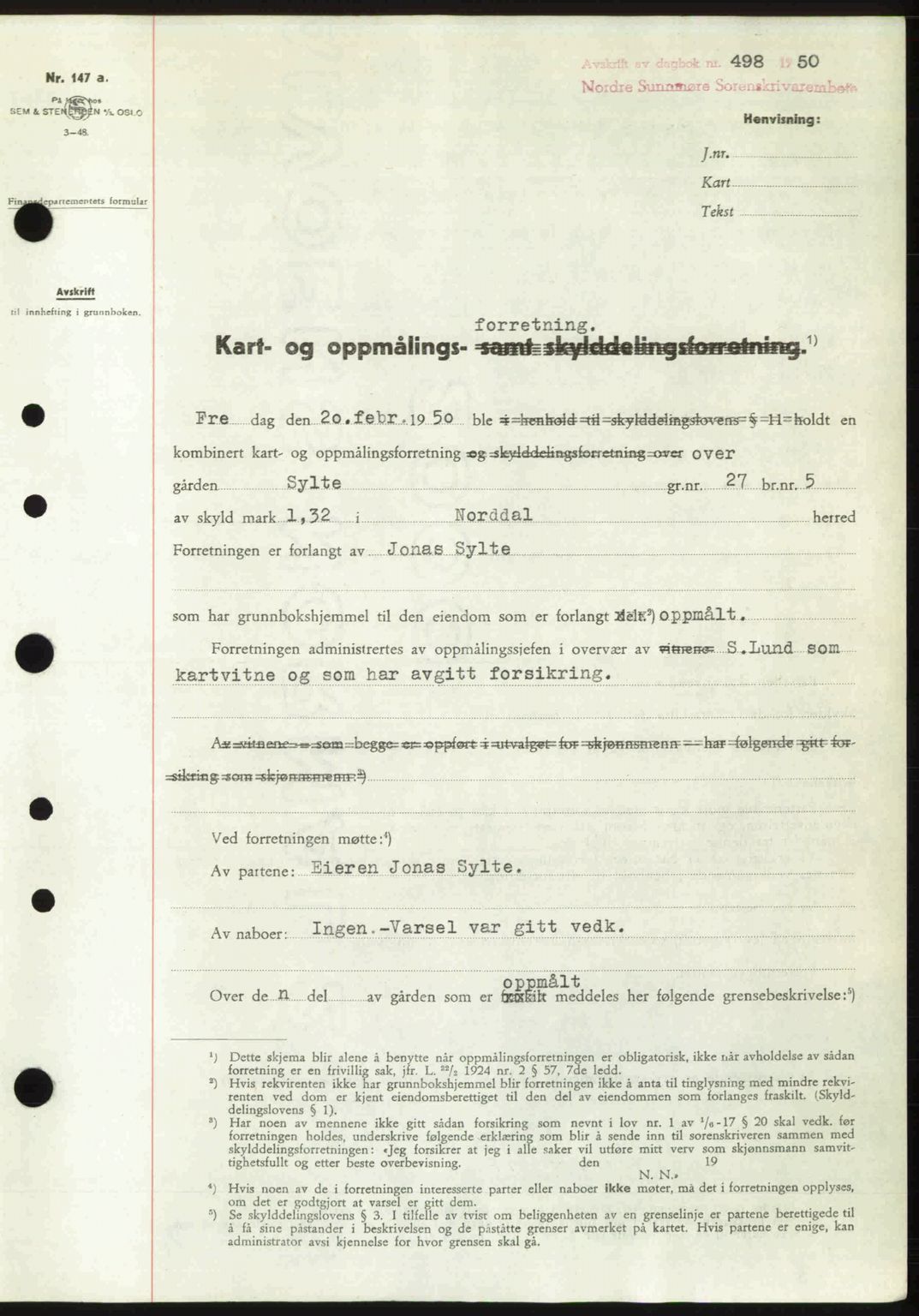 Nordre Sunnmøre sorenskriveri, AV/SAT-A-0006/1/2/2C/2Ca: Mortgage book no. A33, 1949-1950, Diary no: : 498/1950