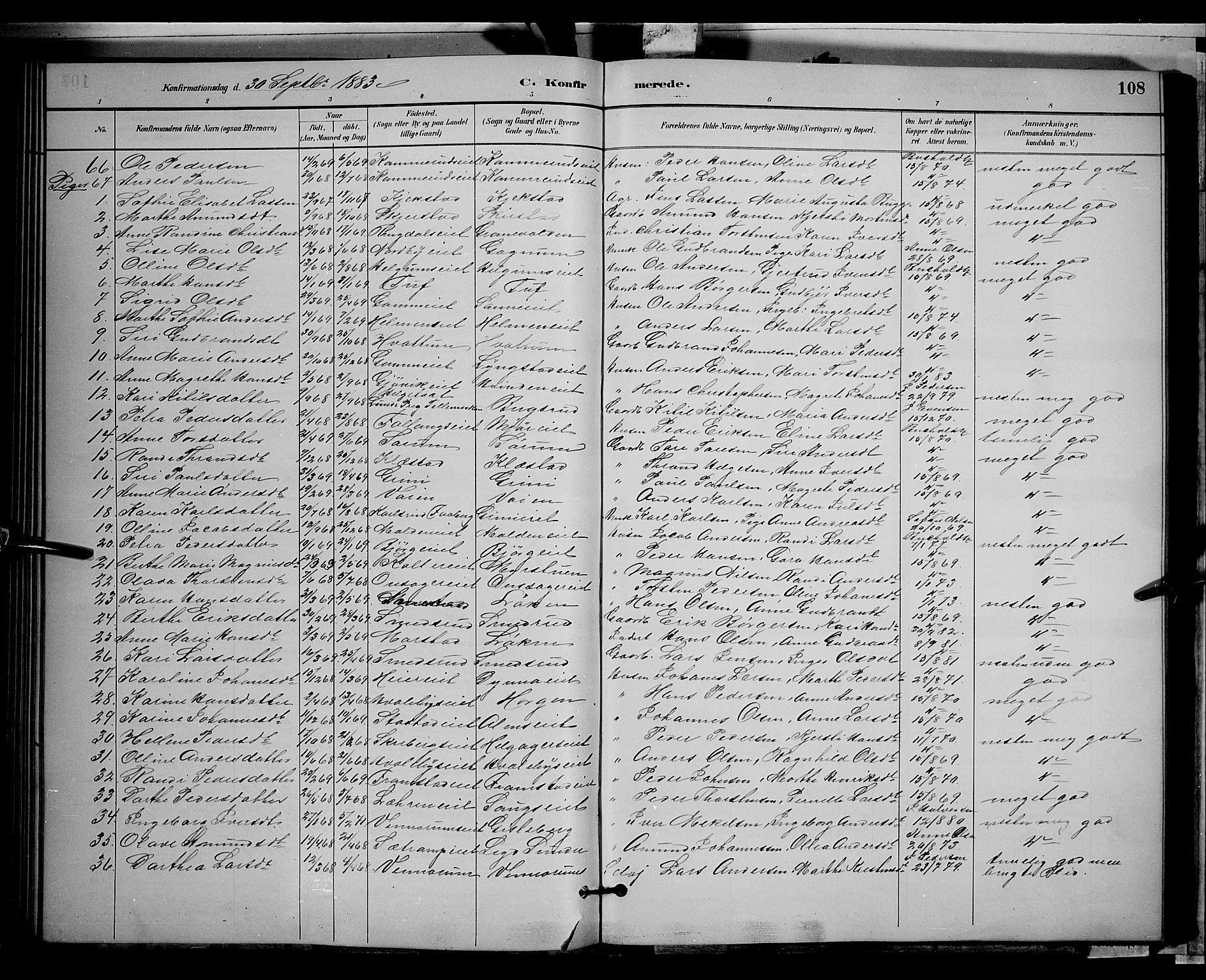 Gran prestekontor, SAH/PREST-112/H/Ha/Hab/L0002: Parish register (copy) no. 2, 1879-1892, p. 108