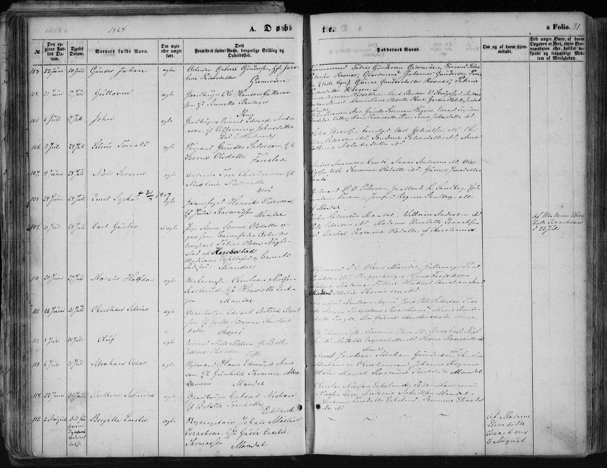 Mandal sokneprestkontor, AV/SAK-1111-0030/F/Fa/Faa/L0014: Parish register (official) no. A 14, 1859-1872, p. 81