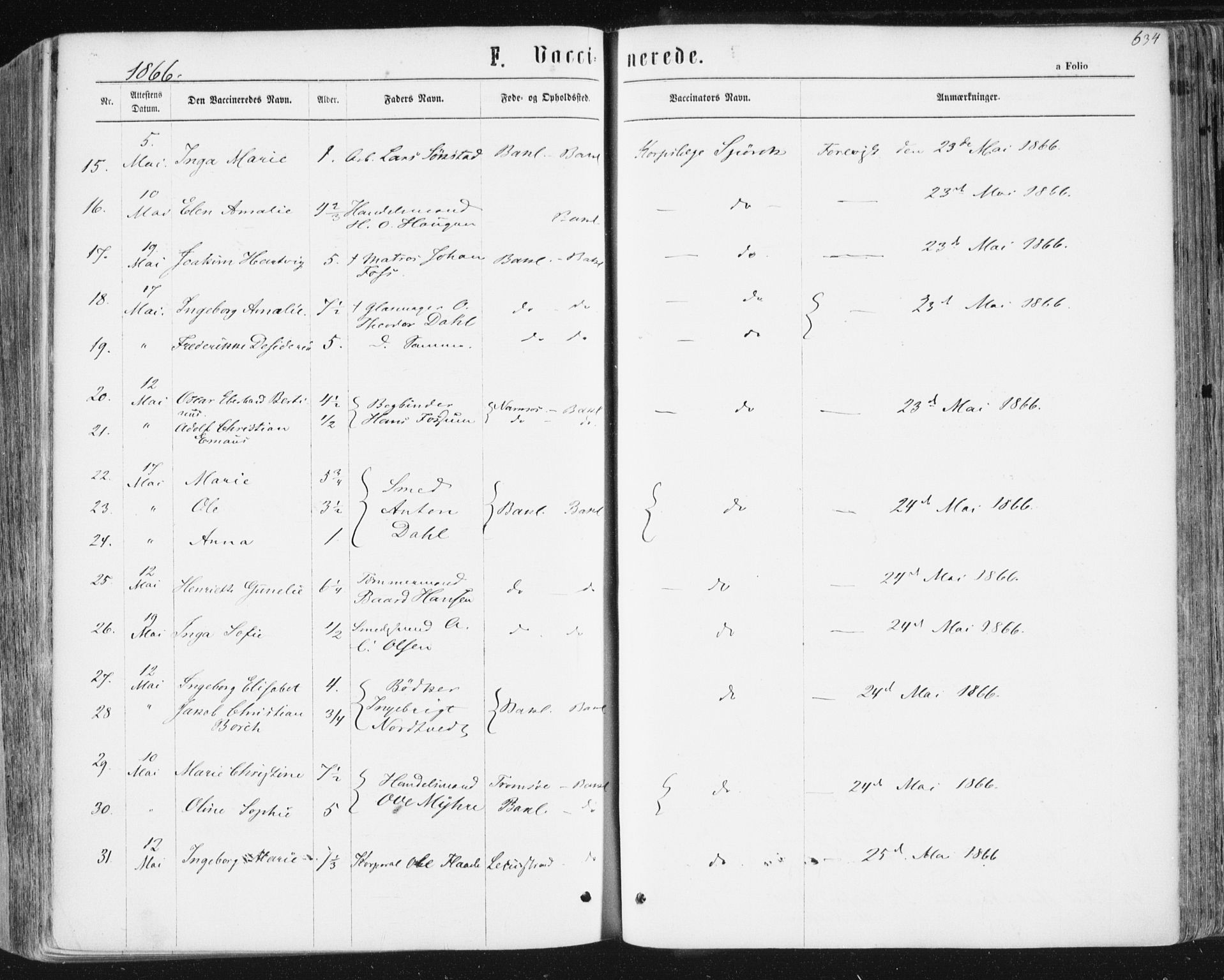 Ministerialprotokoller, klokkerbøker og fødselsregistre - Sør-Trøndelag, SAT/A-1456/604/L0186: Parish register (official) no. 604A07, 1866-1877, p. 634