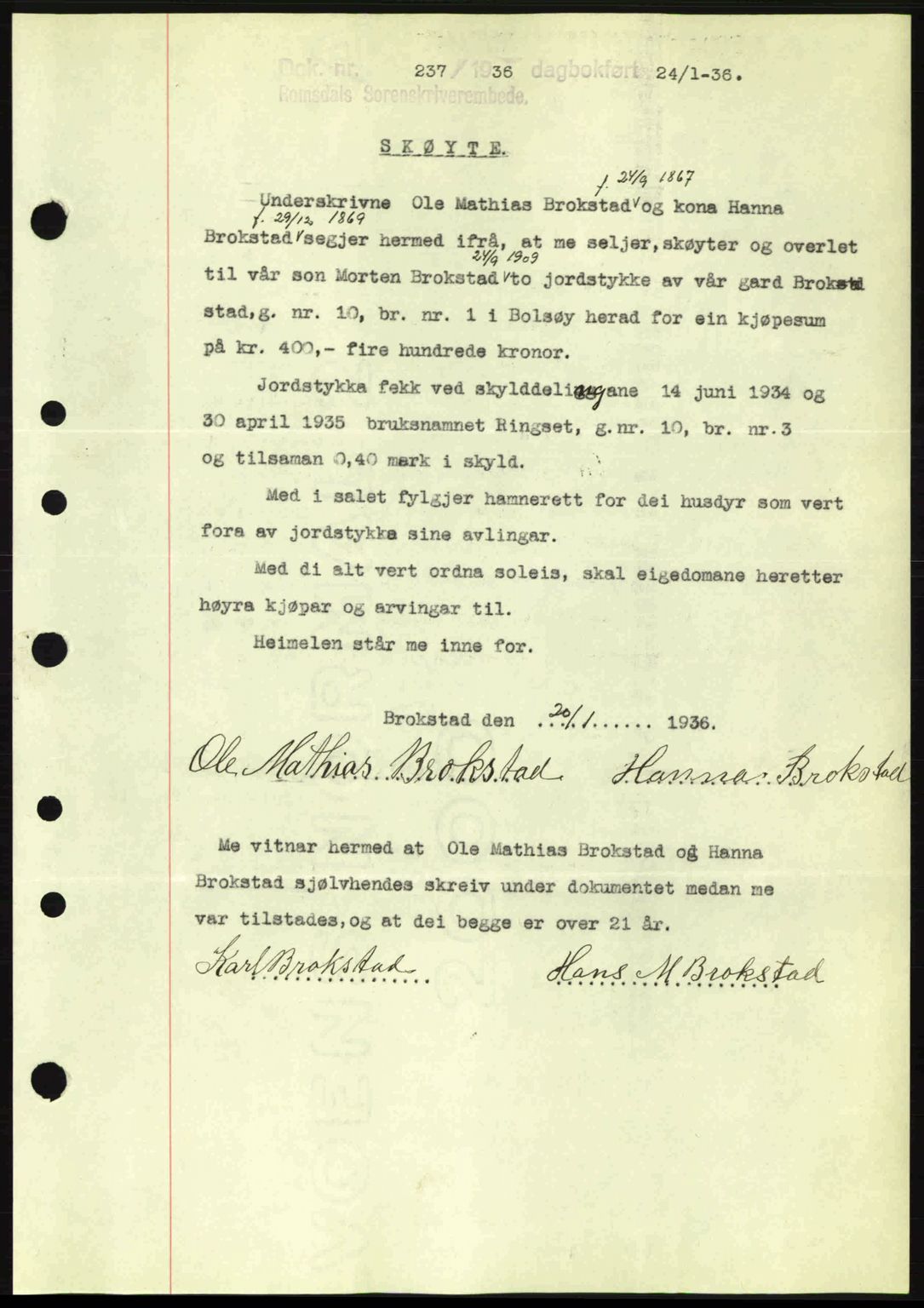 Romsdal sorenskriveri, AV/SAT-A-4149/1/2/2C: Mortgage book no. A1, 1936-1936, Diary no: : 237/1936