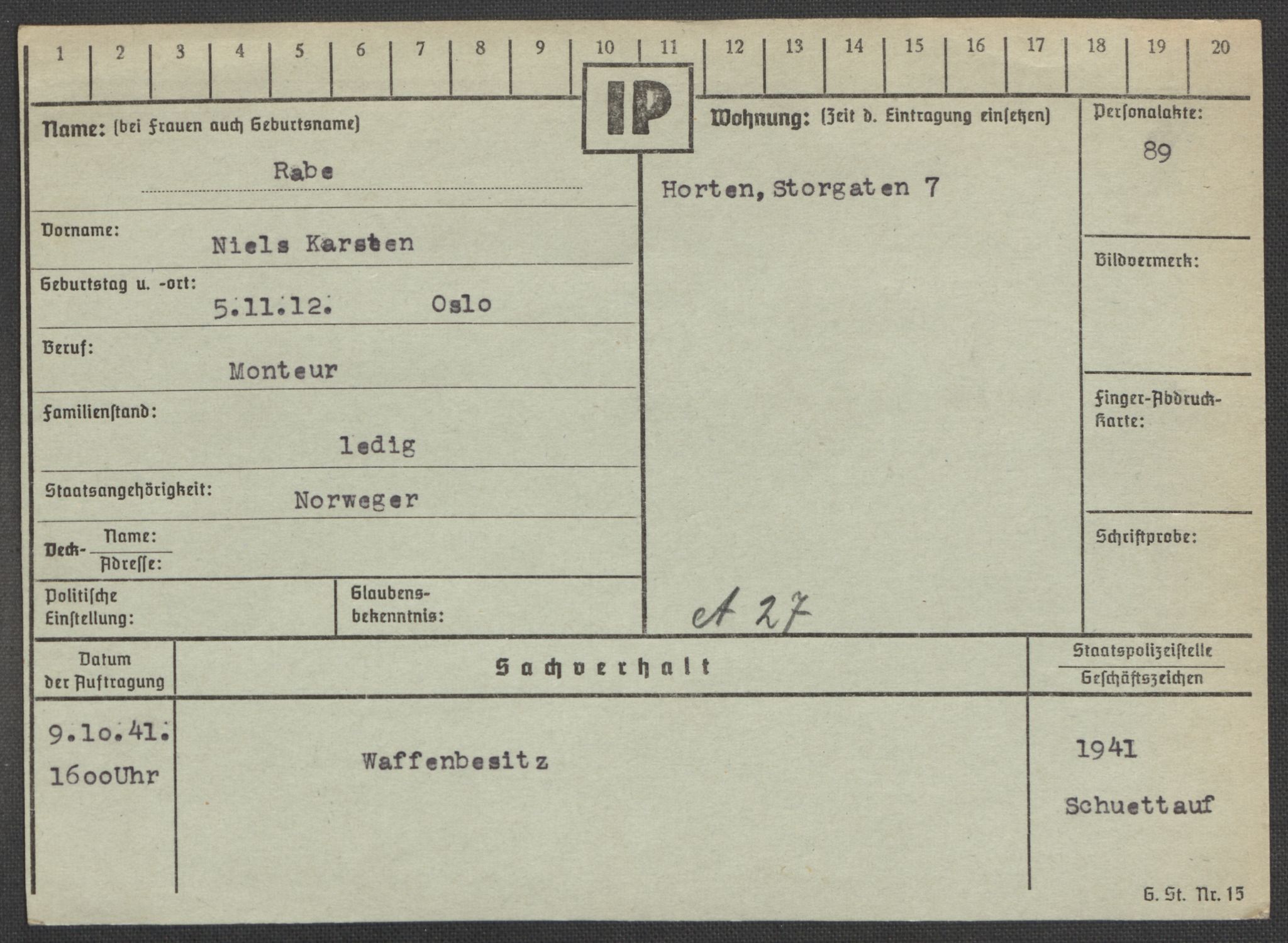 Befehlshaber der Sicherheitspolizei und des SD, RA/RAFA-5969/E/Ea/Eaa/L0008: Register over norske fanger i Møllergata 19: Oelze-Ru, 1940-1945, p. 988