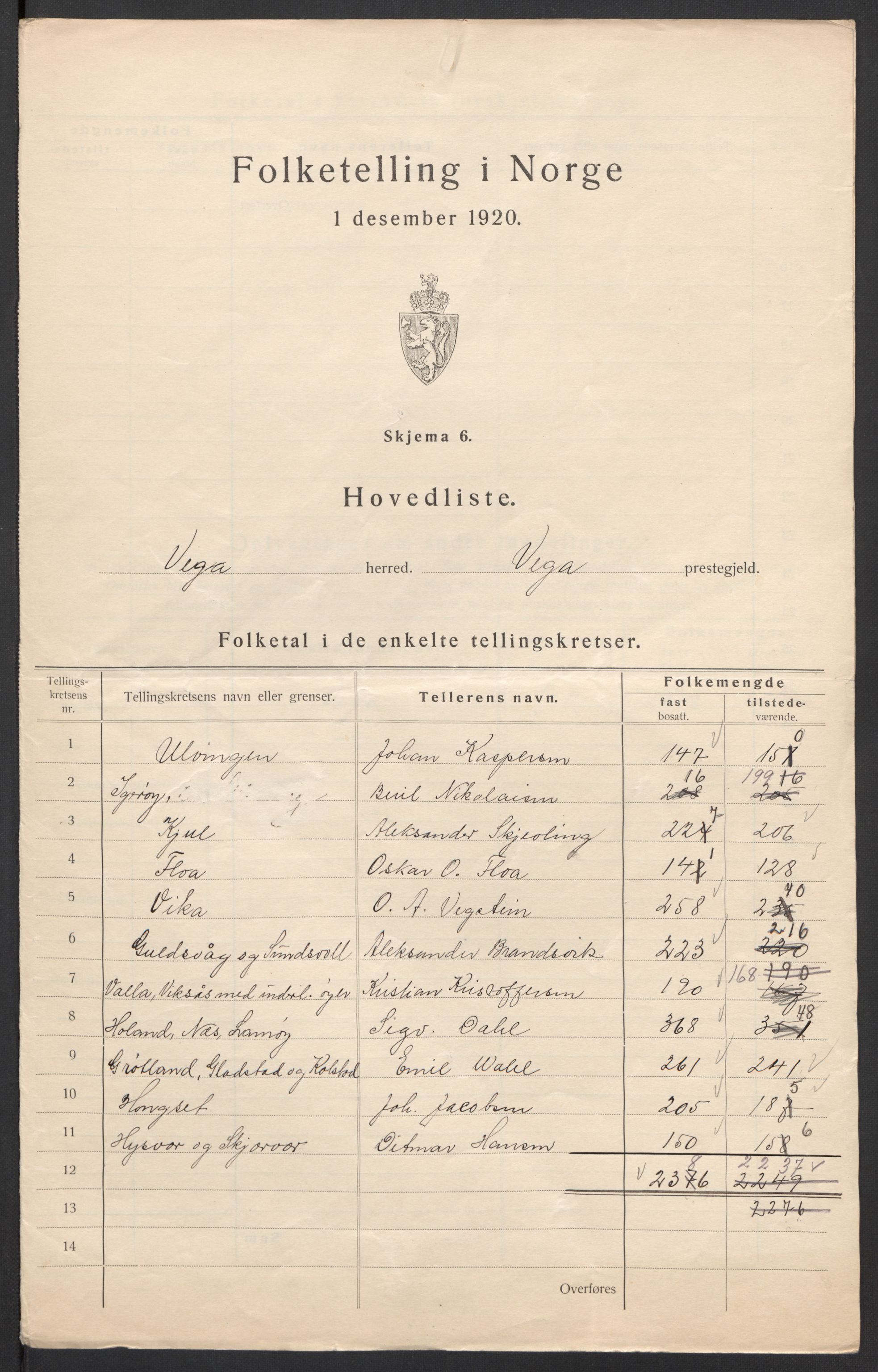 SAT, 1920 census for Vega, 1920, p. 3