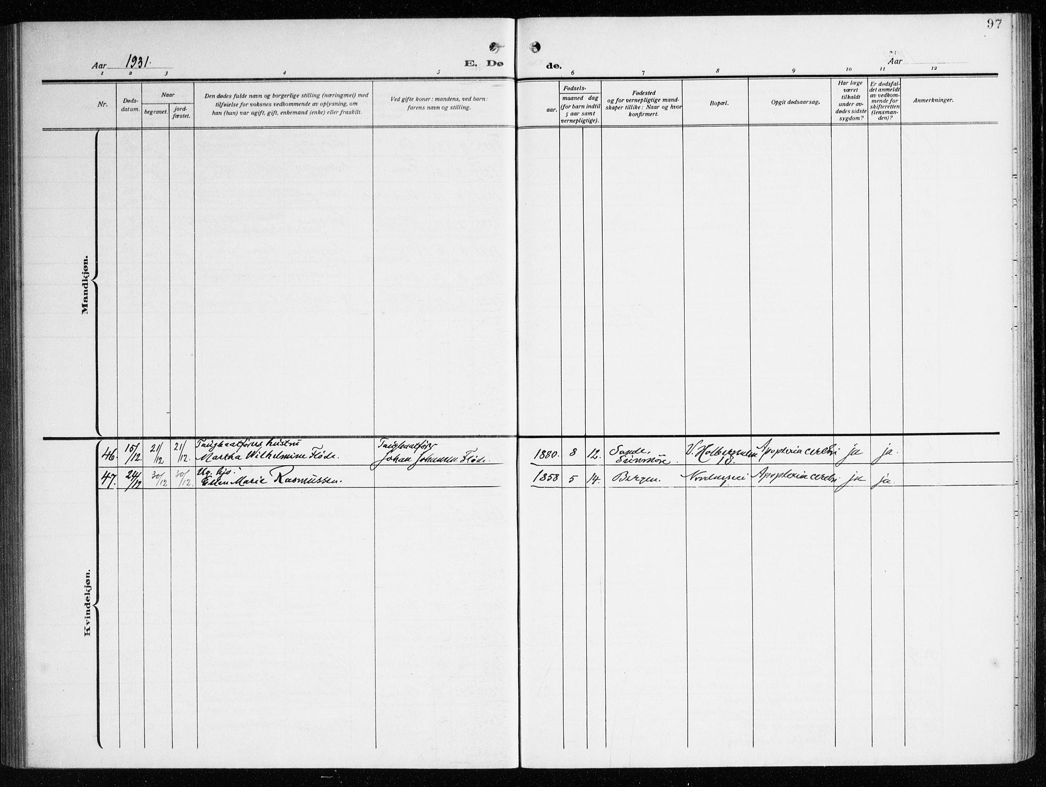 Nykirken Sokneprestembete, AV/SAB-A-77101/H/Haa/L0046: Parish register (official) no. E 6, 1918-1944, p. 97