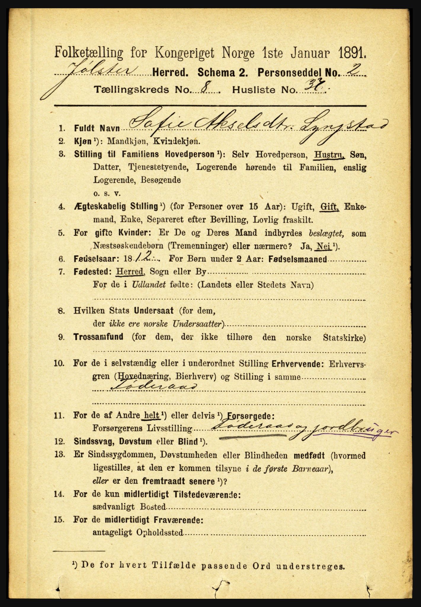 RA, 1891 census for 1431 Jølster, 1891, p. 3088