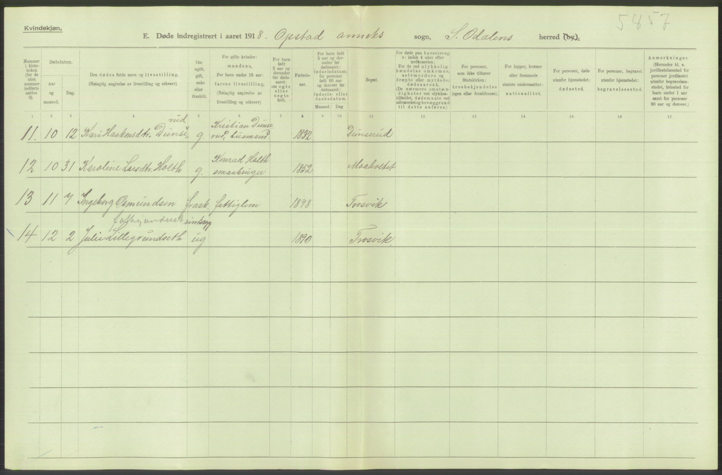 Statistisk sentralbyrå, Sosiodemografiske emner, Befolkning, RA/S-2228/D/Df/Dfb/Dfbh/L0014: Hedemarkens fylke: Døde. Bygder og byer., 1918, p. 286