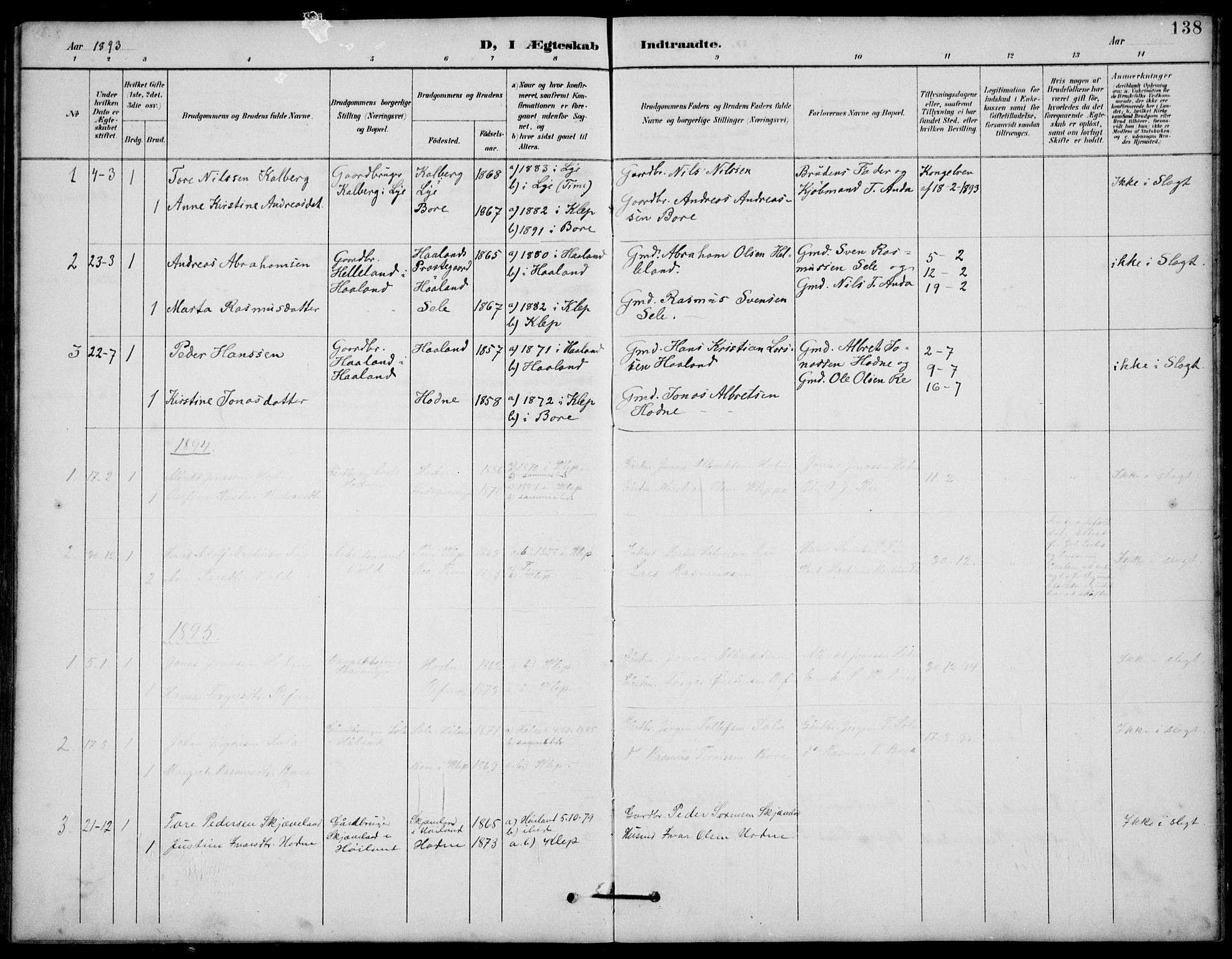 Klepp sokneprestkontor, AV/SAST-A-101803/001/3/30BB/L0006: Parish register (copy) no. B 6, 1889-1936, p. 138