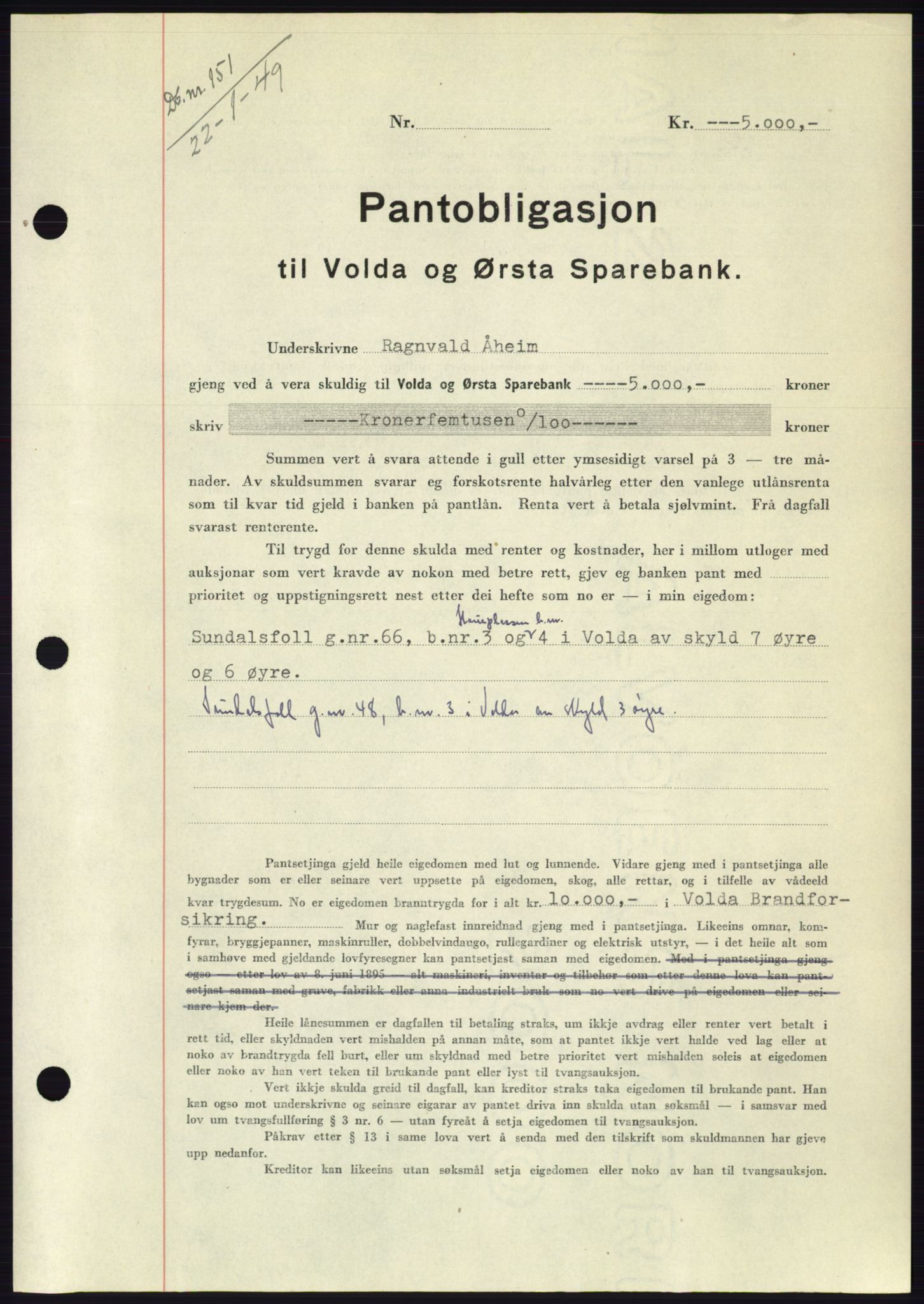 Søre Sunnmøre sorenskriveri, AV/SAT-A-4122/1/2/2C/L0116: Mortgage book no. 4B, 1948-1949, Diary no: : 151/1949