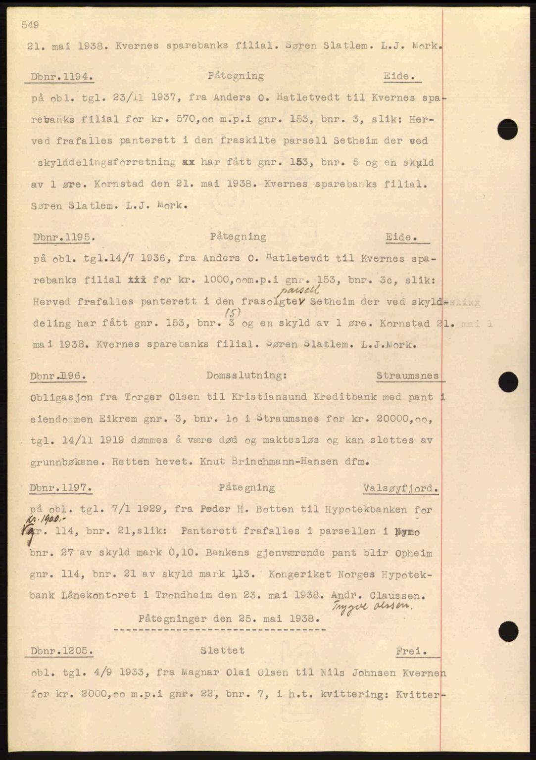 Nordmøre sorenskriveri, AV/SAT-A-4132/1/2/2Ca: Mortgage book no. C80, 1936-1939, Diary no: : 1194/1938