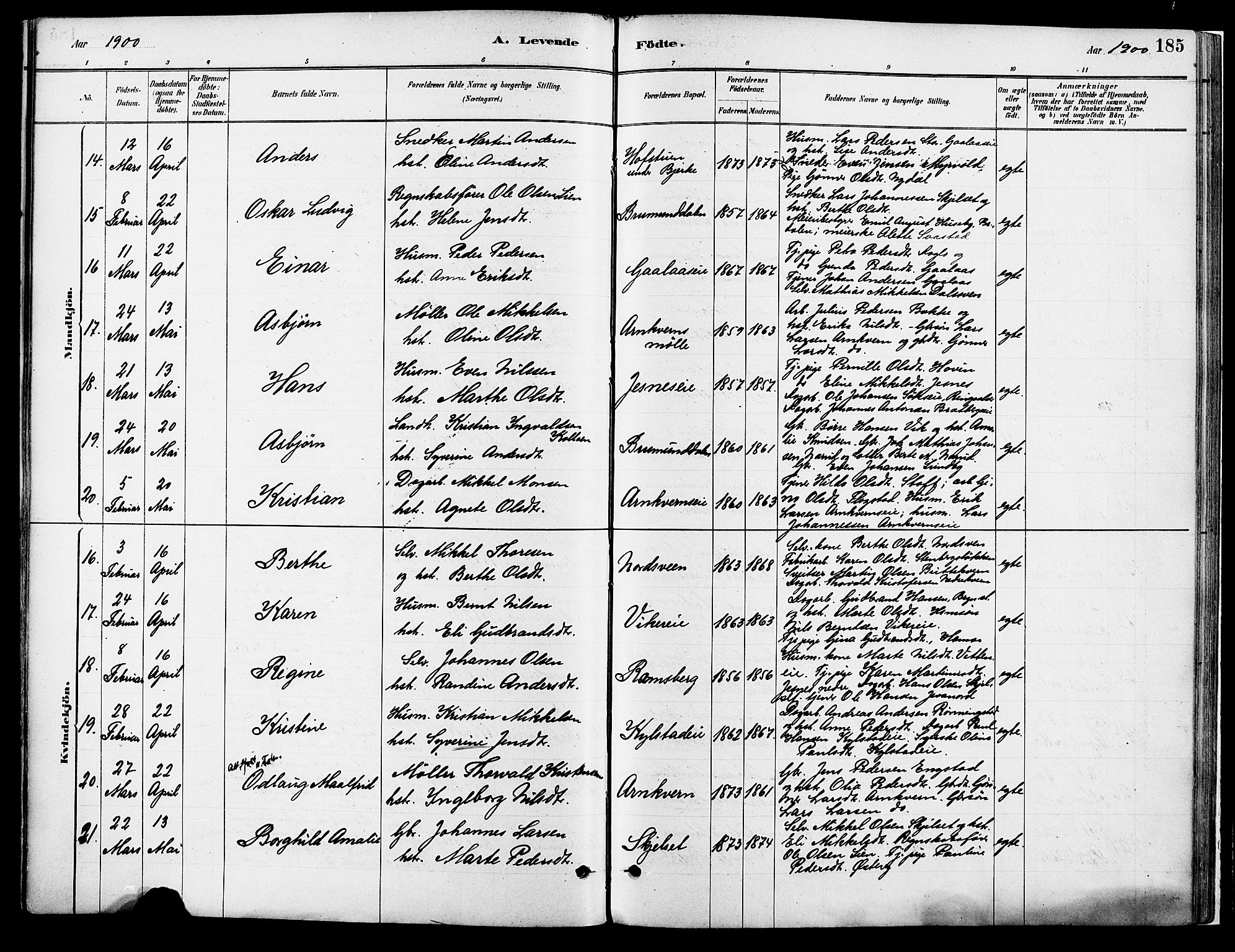 Vang prestekontor, Hedmark, SAH/PREST-008/H/Ha/Haa/L0018A: Parish register (official) no. 18A, 1880-1906, p. 185