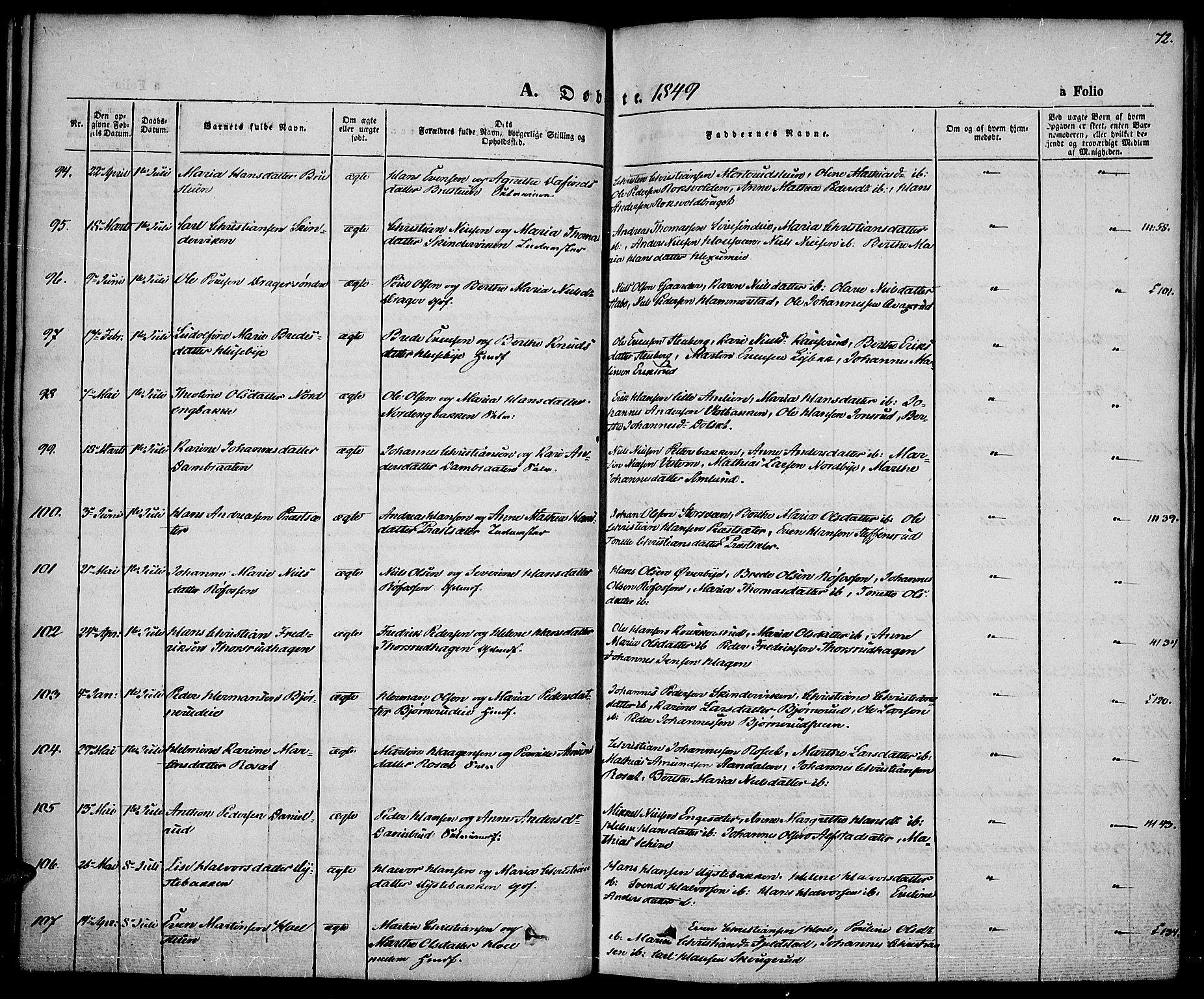 Vestre Toten prestekontor, AV/SAH-PREST-108/H/Ha/Haa/L0004: Parish register (official) no. 4, 1844-1849, p. 72