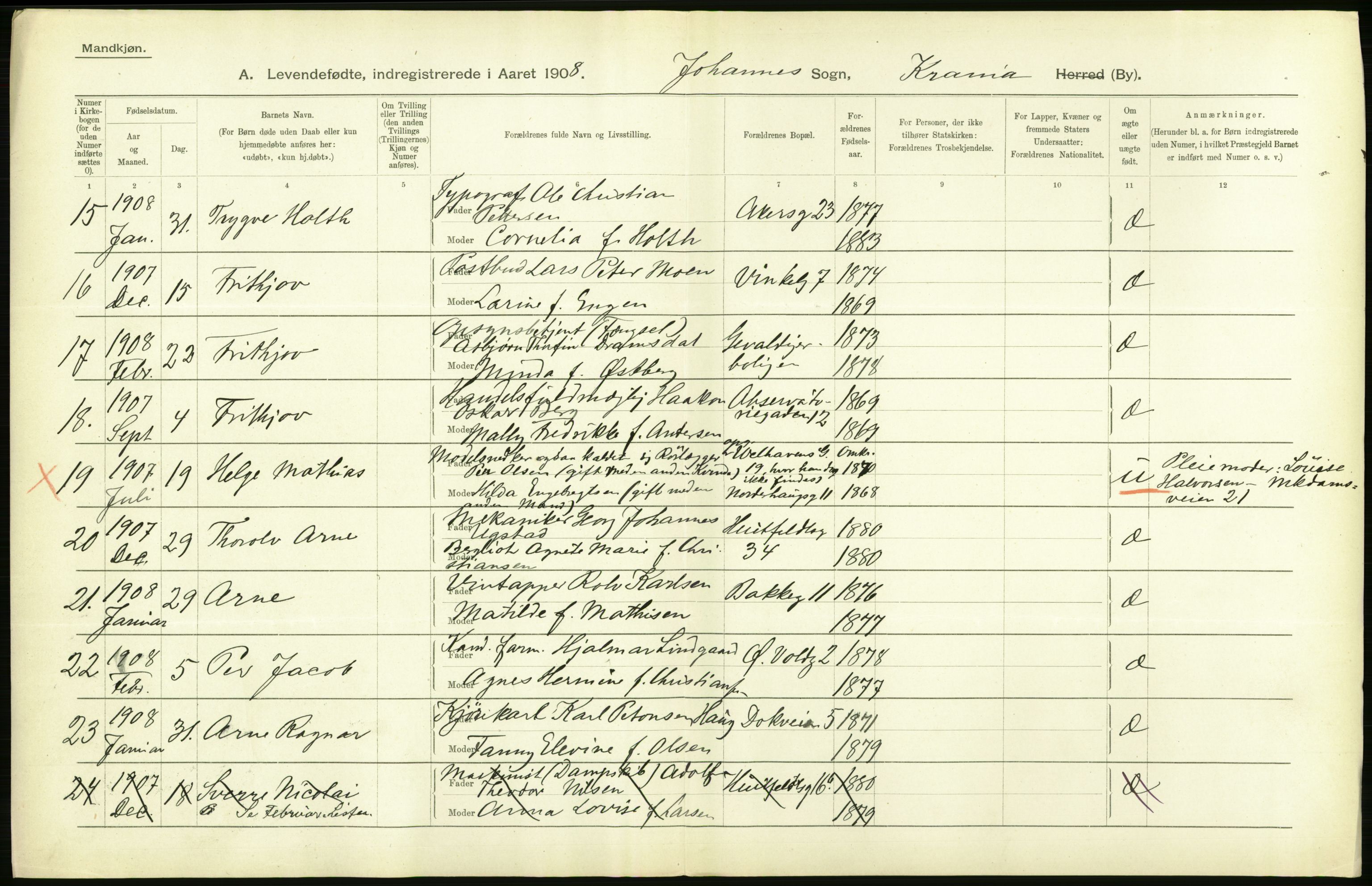 Statistisk sentralbyrå, Sosiodemografiske emner, Befolkning, AV/RA-S-2228/D/Df/Dfa/Dfaf/L0005: Kristiania: Levendefødte menn og kvinner., 1908, p. 406