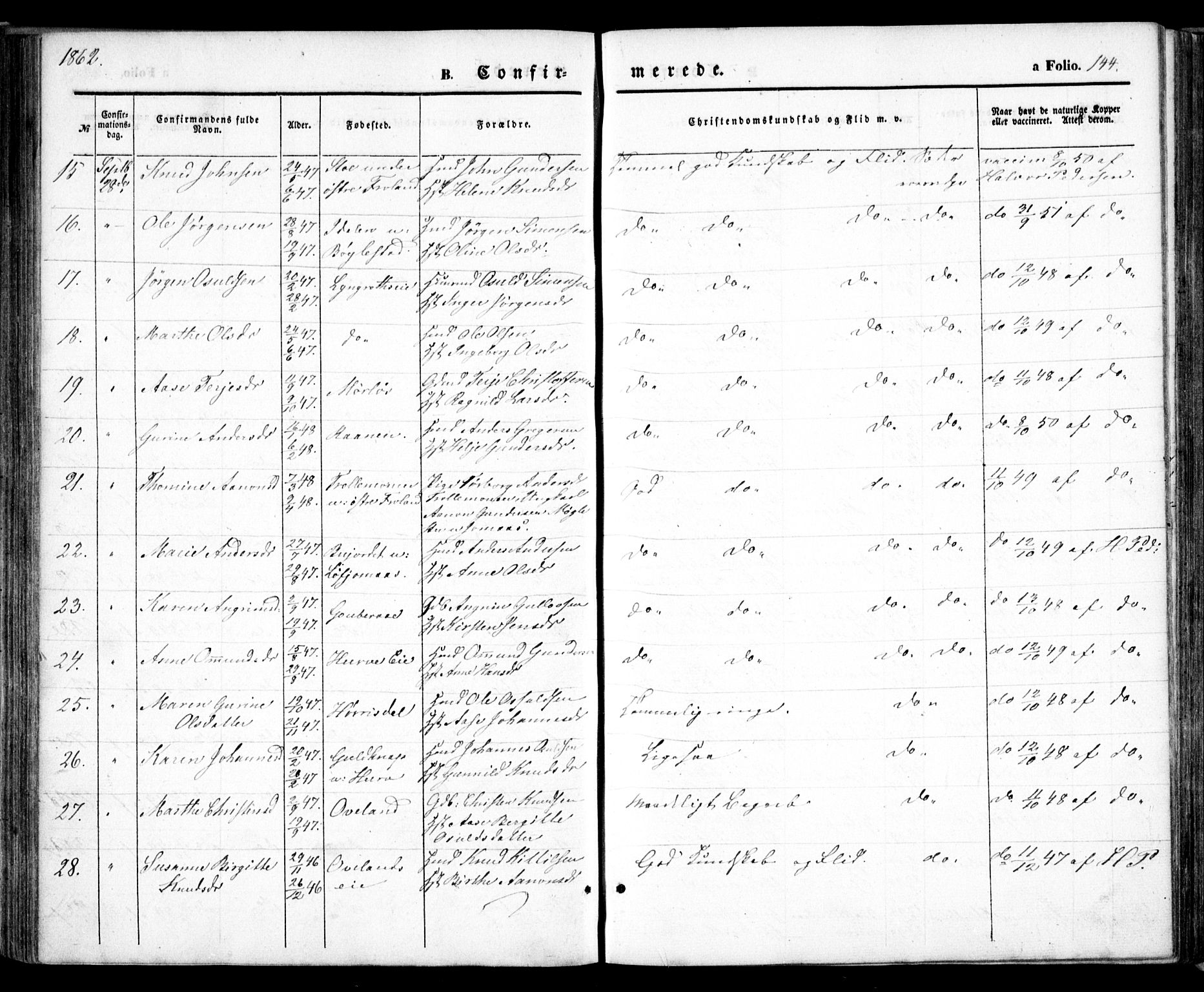 Froland sokneprestkontor, AV/SAK-1111-0013/F/Fa/L0002: Parish register (official) no. A 2, 1845-1863, p. 144