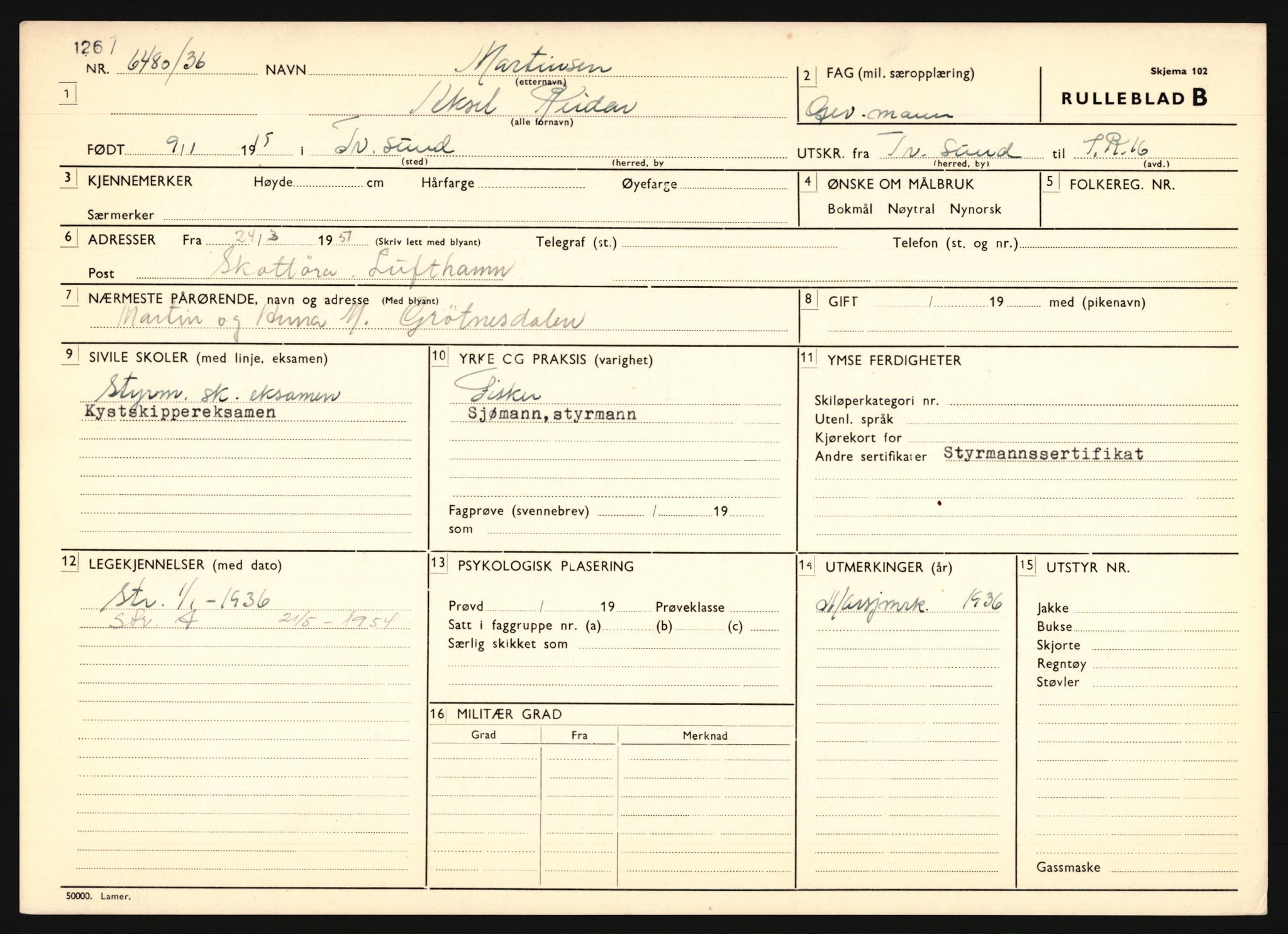 Forsvaret, Troms infanteriregiment nr. 16, AV/RA-RAFA-3146/P/Pa/L0020: Rulleblad for regimentets menige mannskaper, årsklasse 1936, 1936, p. 853