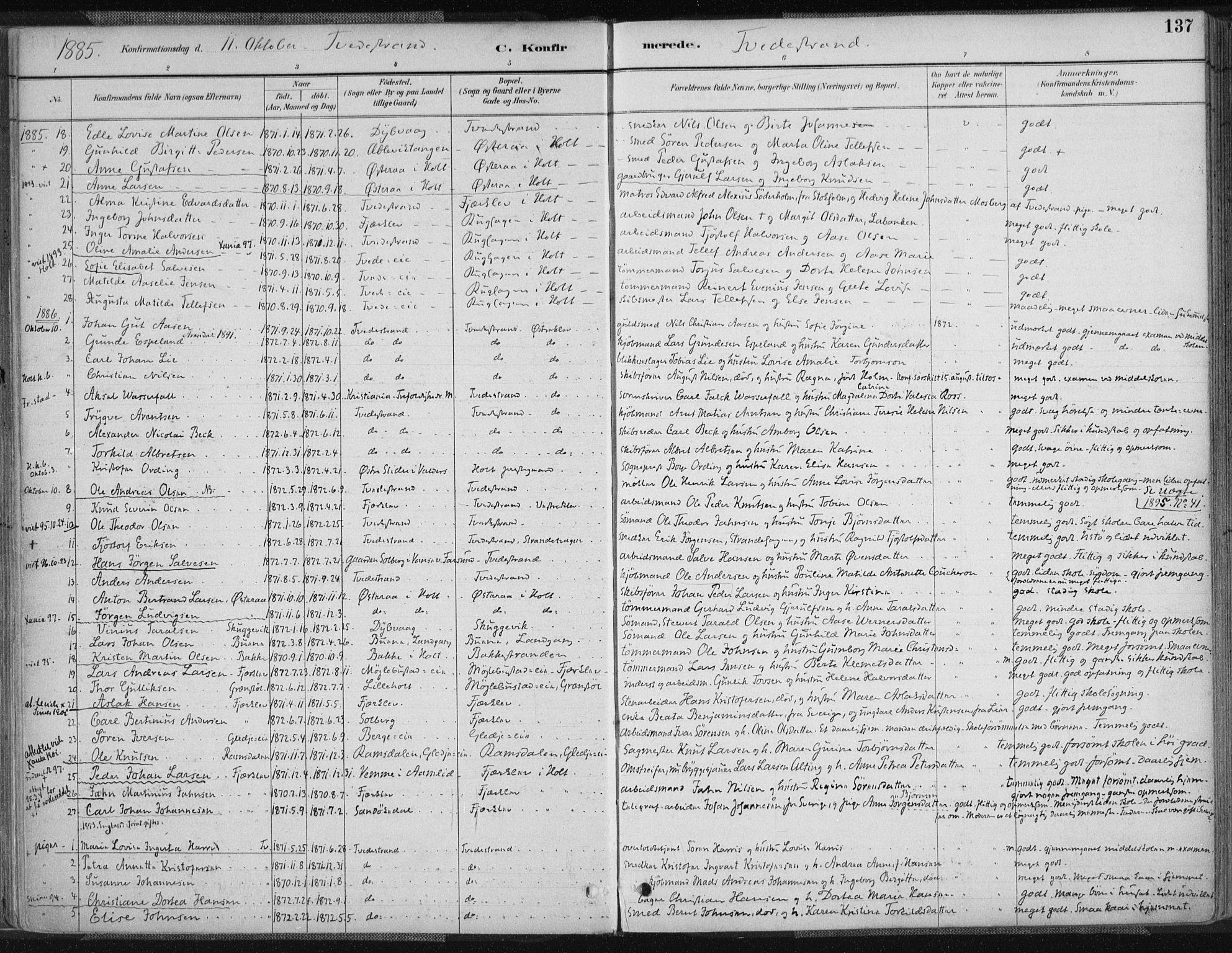 Tvedestrand sokneprestkontor, SAK/1111-0042/F/Fa/L0001: Parish register (official) no. A 1, 1885-1916, p. 137