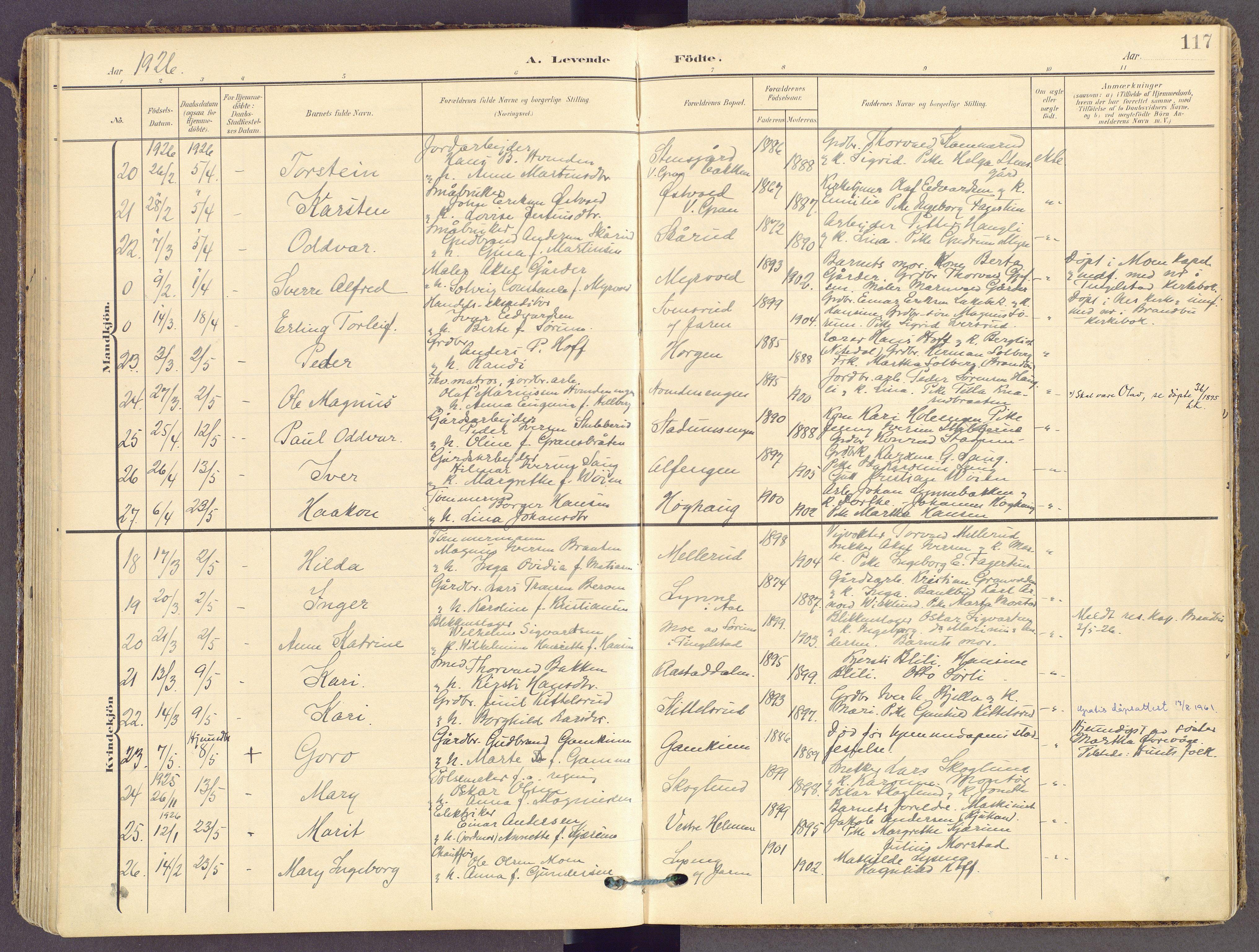 Gran prestekontor, AV/SAH-PREST-112/H/Ha/Haa/L0021: Parish register (official) no. 21, 1908-1932, p. 117