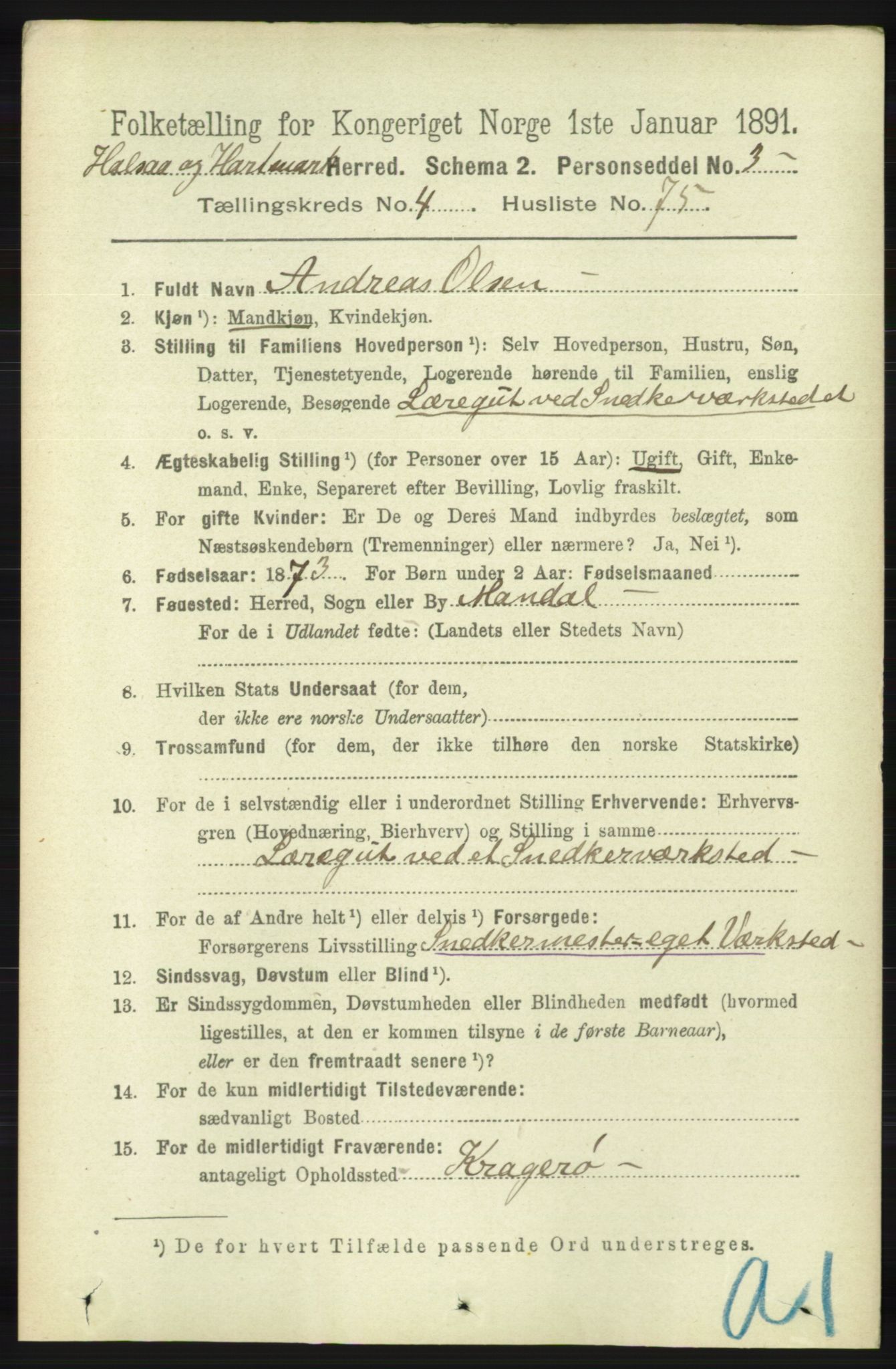 RA, 1891 census for 1019 Halse og Harkmark, 1891, p. 1919