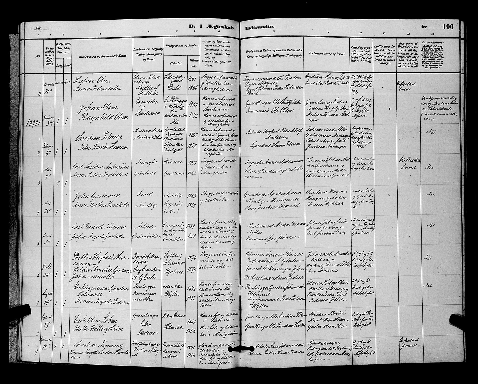 Nittedal prestekontor Kirkebøker, SAO/A-10365a/G/Ga/L0002: Parish register (copy) no. I 2, 1879-1901, p. 196