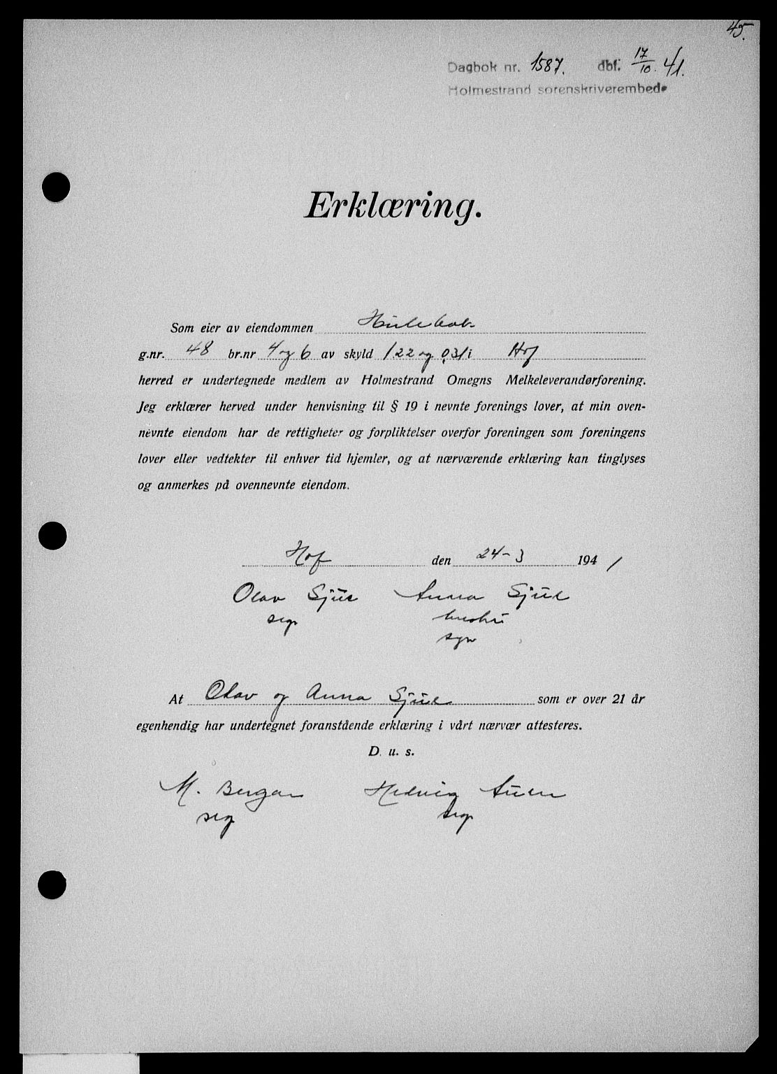 Holmestrand sorenskriveri, SAKO/A-67/G/Ga/Gaa/L0054: Mortgage book no. A-54, 1941-1942, Diary no: : 1587/1941