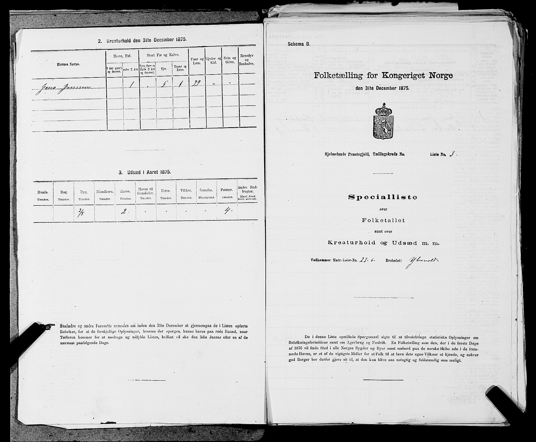 SAST, 1875 census for 1133P Hjelmeland, 1875, p. 1386