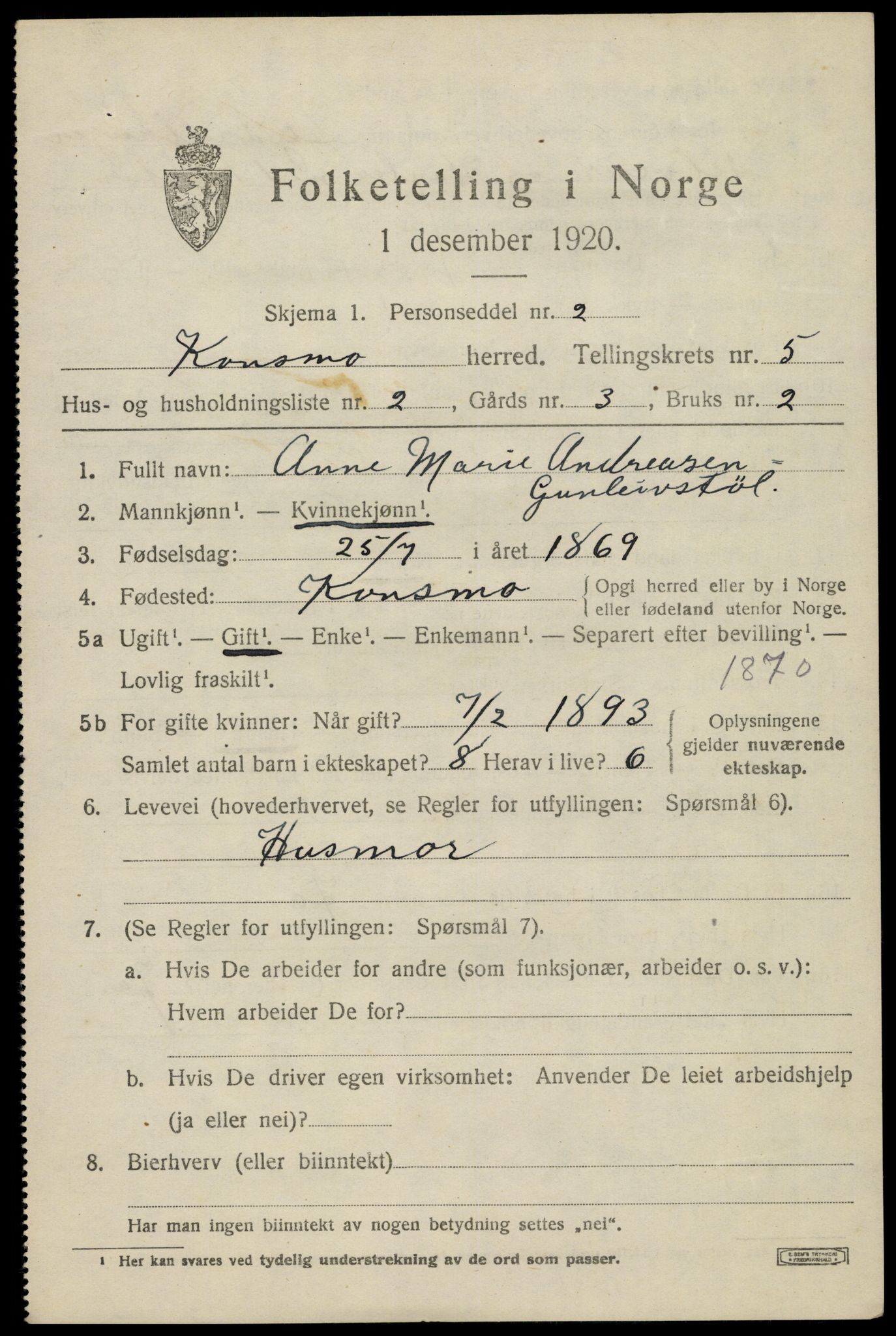 SAK, 1920 census for Konsmo, 1920, p. 1282
