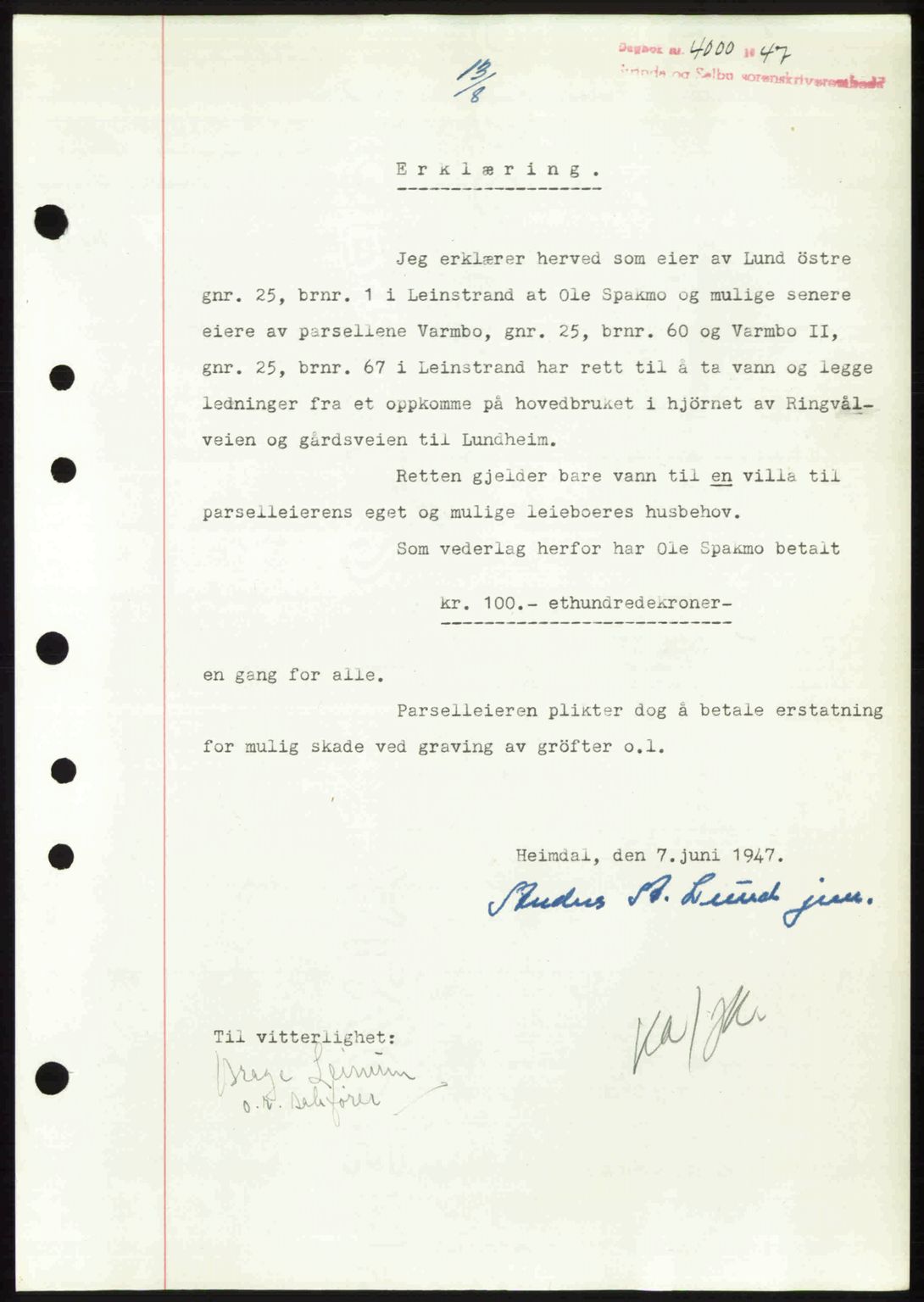 Strinda og Selbu sorenskriveri, AV/SAT-A-0015/2/2C: Mortgage book no. A7, 1947-1948, Diary no: : 4000/1947