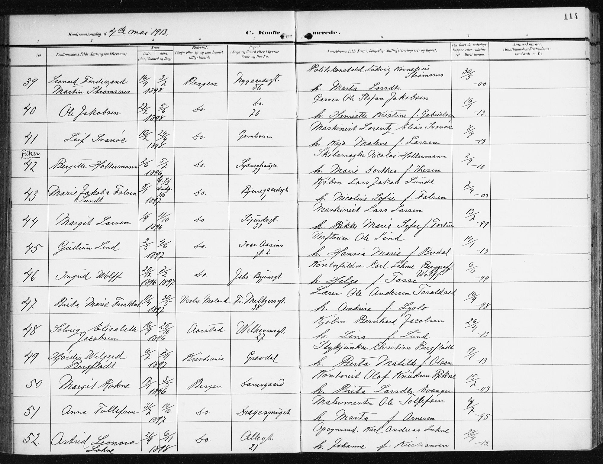 Johanneskirken sokneprestembete, AV/SAB-A-76001/H/Haa/L0009: Parish register (official) no. C 2, 1907-1924, p. 114