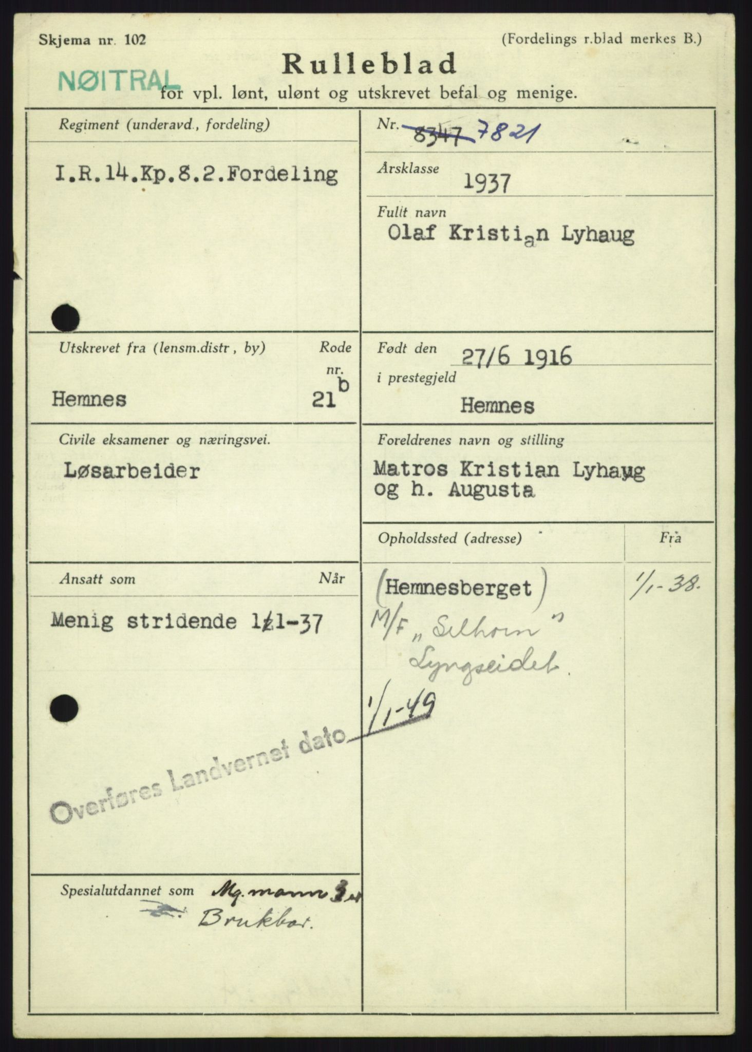 Forsvaret, Troms infanteriregiment nr. 16, AV/RA-RAFA-3146/P/Pa/L0021: Rulleblad for regimentets menige mannskaper, årsklasse 1937, 1937, p. 725