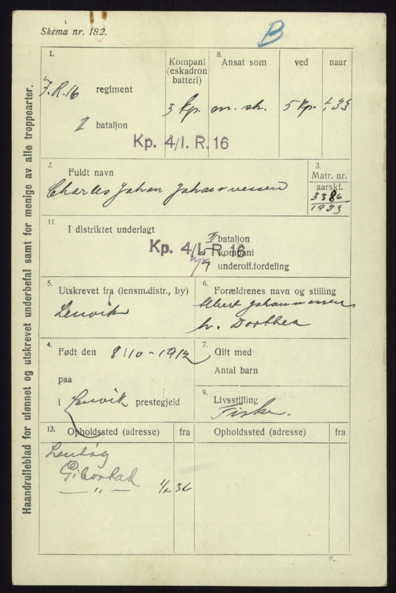 Forsvaret, Troms infanteriregiment nr. 16, AV/RA-RAFA-3146/P/Pa/L0017: Rulleblad for regimentets menige mannskaper, årsklasse 1933, 1933, p. 575