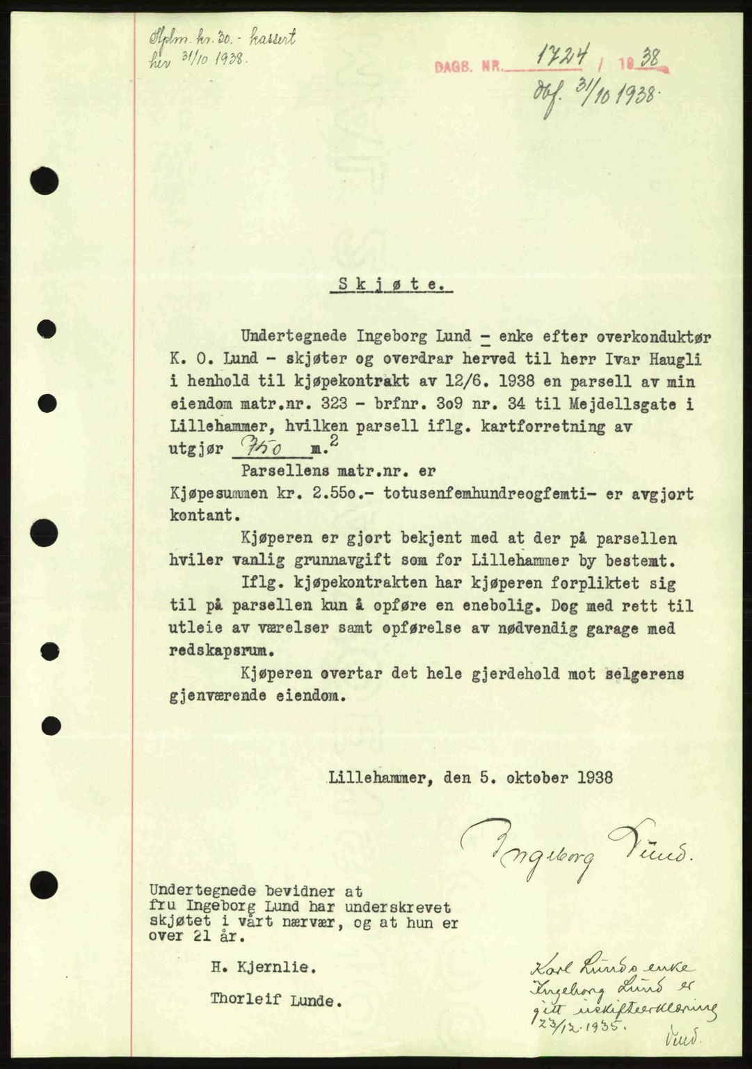 Sør-Gudbrandsdal tingrett, SAH/TING-004/H/Hb/Hbd/L0005: Mortgage book no. A5, 1938-1939, Diary no: : 1724/1938