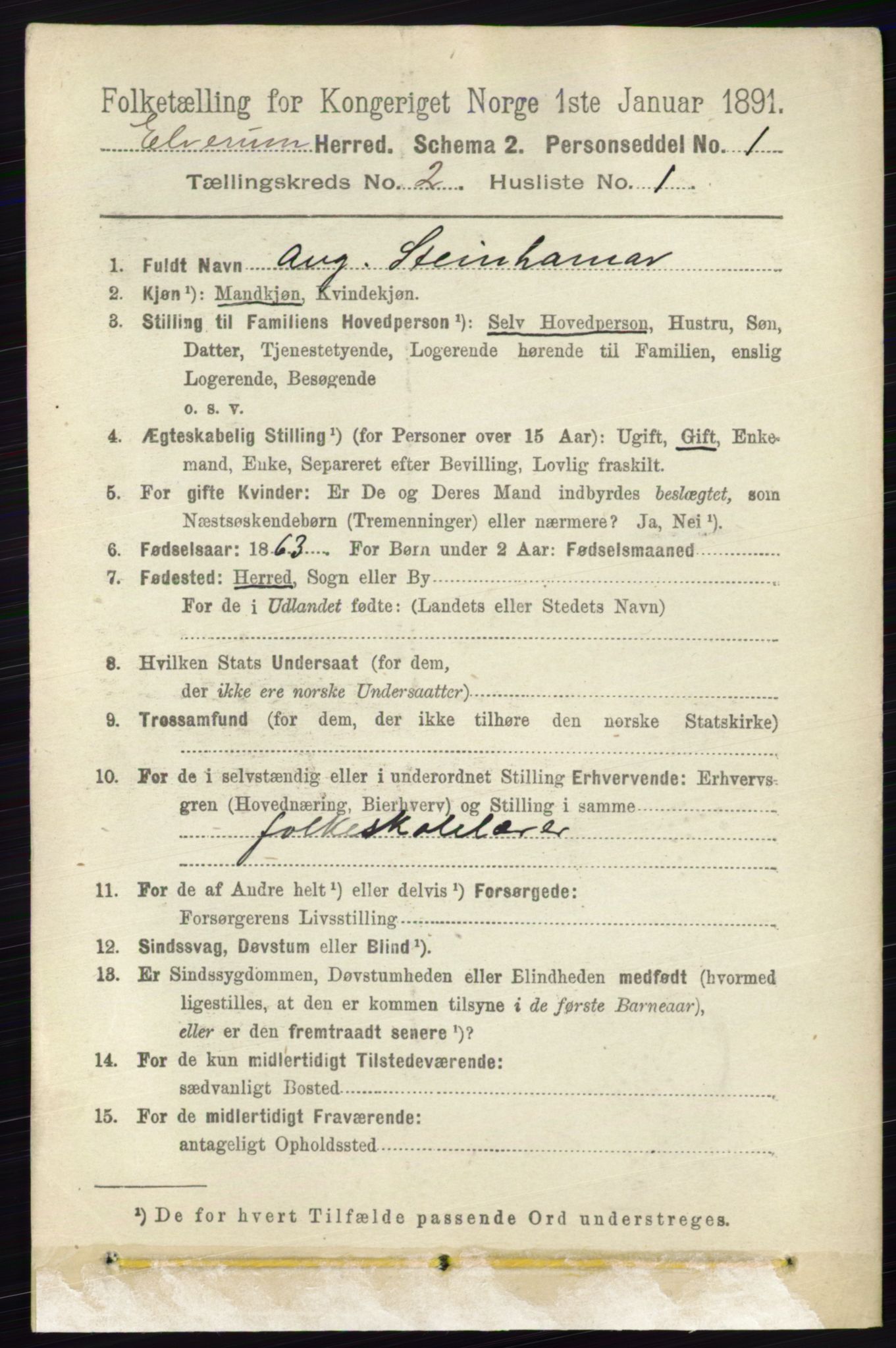 RA, 1891 census for 0427 Elverum, 1891, p. 1217