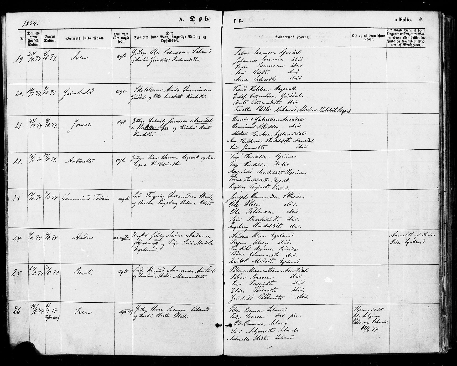 Sirdal sokneprestkontor, AV/SAK-1111-0036/F/Fa/Fab/L0003: Parish register (official) no. A 3, 1874-1886, p. 4