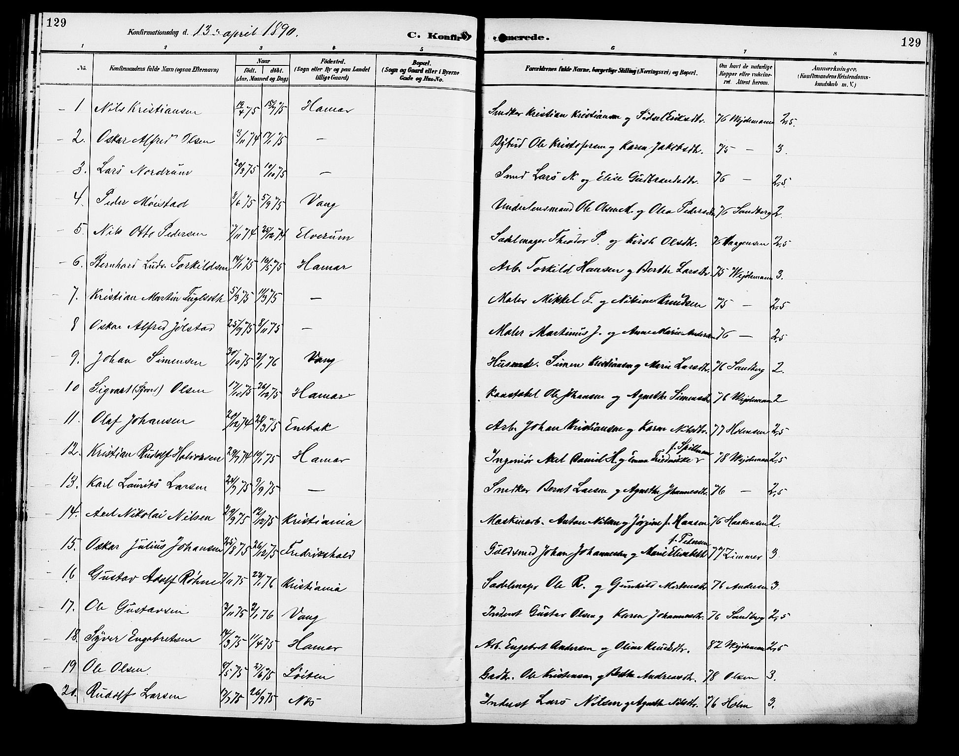 Vang prestekontor, Hedmark, SAH/PREST-008/H/Ha/Hab/L0013: Parish register (copy) no. 13, 1890-1899, p. 129