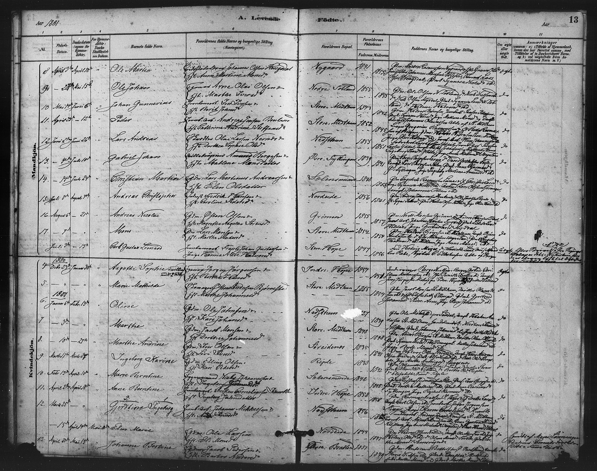 Fana Sokneprestembete, AV/SAB-A-75101/H/Haa/Haai/L0001: Parish register (official) no. I 1, 1878-1888, p. 13