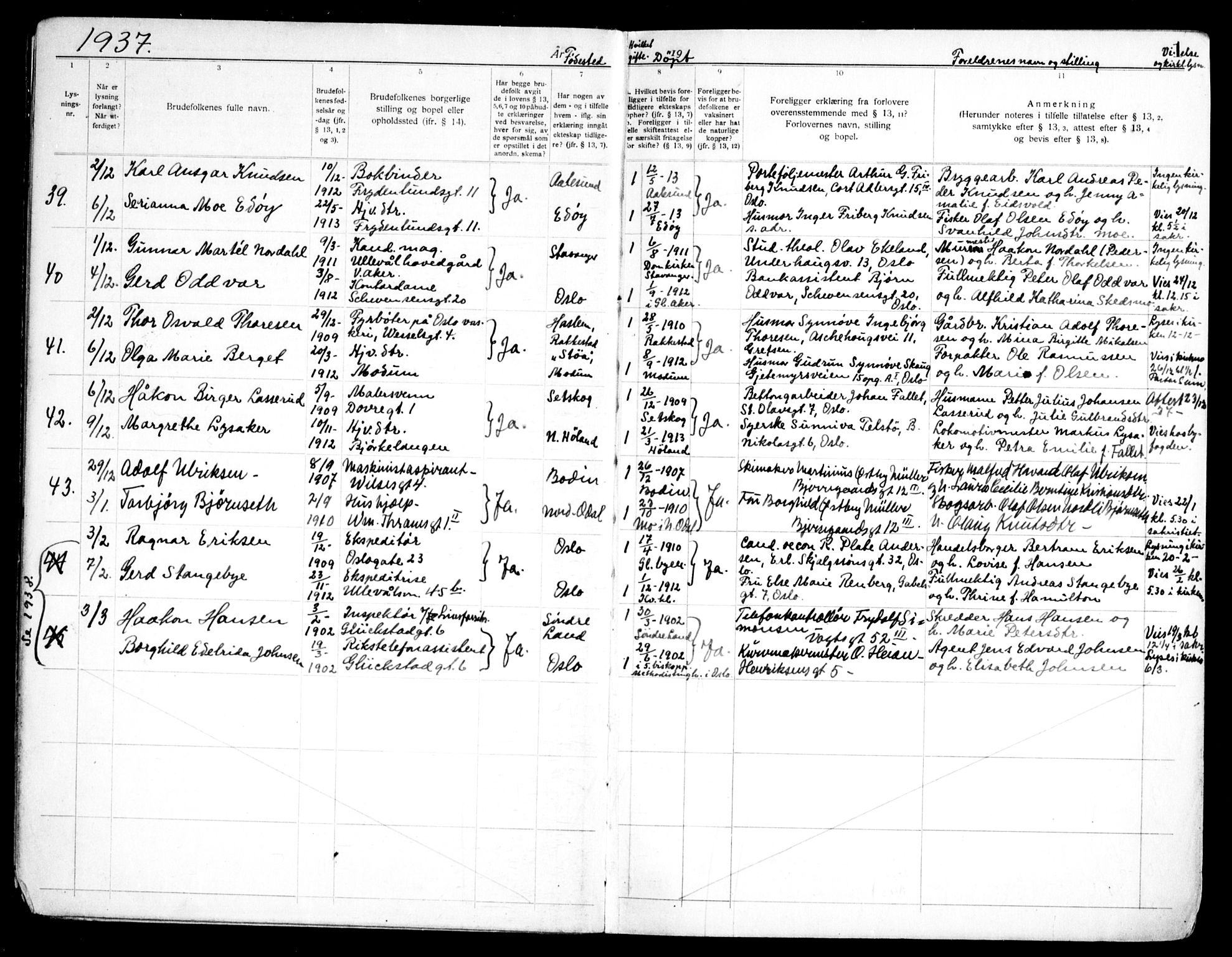 Markus prestekontor Kirkebøker, SAO/A-10830/H/L0002: Banns register no. 2, 1937-1954, p. 1